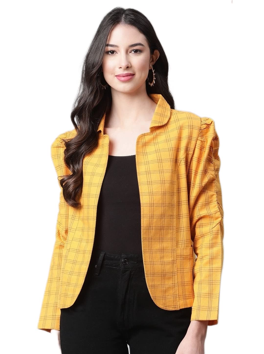 cottinfab Women Mustard Black Checked Tailored Jacket-picture-38