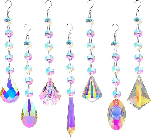 EEEKit 7 Pcs Crystal Suncatchers, Hanging Glass Prism Rainbow Maker Sun Catcher for Window, Colorful Pendant with 7 Shapes for Ornaments Home Garden Office Decoration Spring Gift