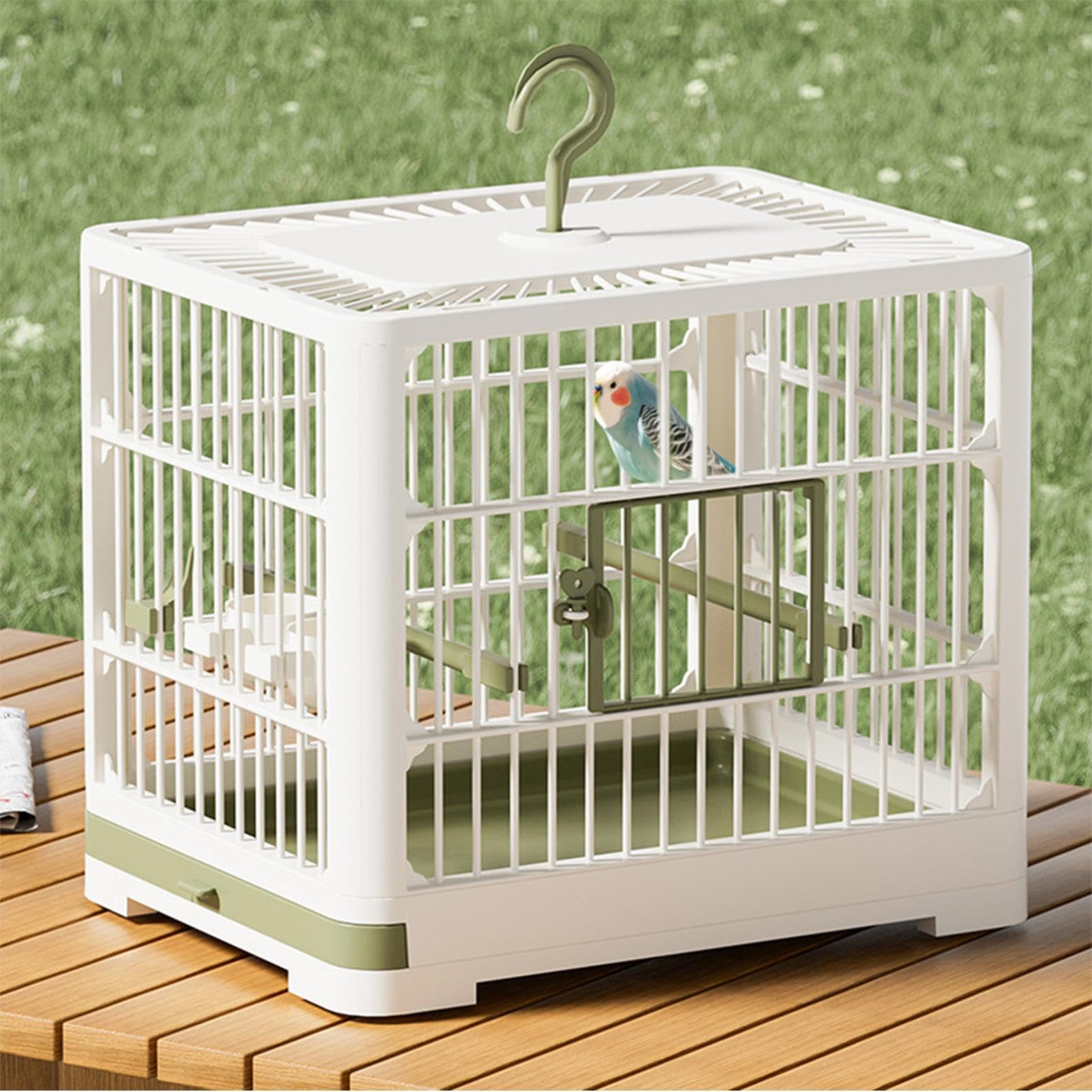 Cage de transport pour petits oiseaux, portable, légère, avec perche sur pied, pour perroquets, perruches, calopsittes, inséparables, plateau amovible et poignée à crochet (blanc et marron)