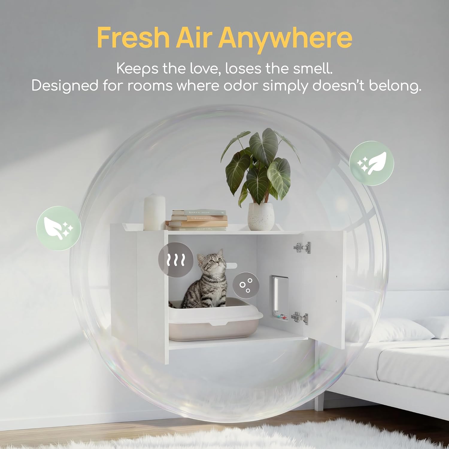 Cat Litter Box Enclosure Furniture with Cat Door, Extra Large Hidden Litter Box Cabinet for XL Boxes, 31.5" L x 19.8" W x 21.1" H, Wooden Cat Box Furniture Odor Control, White