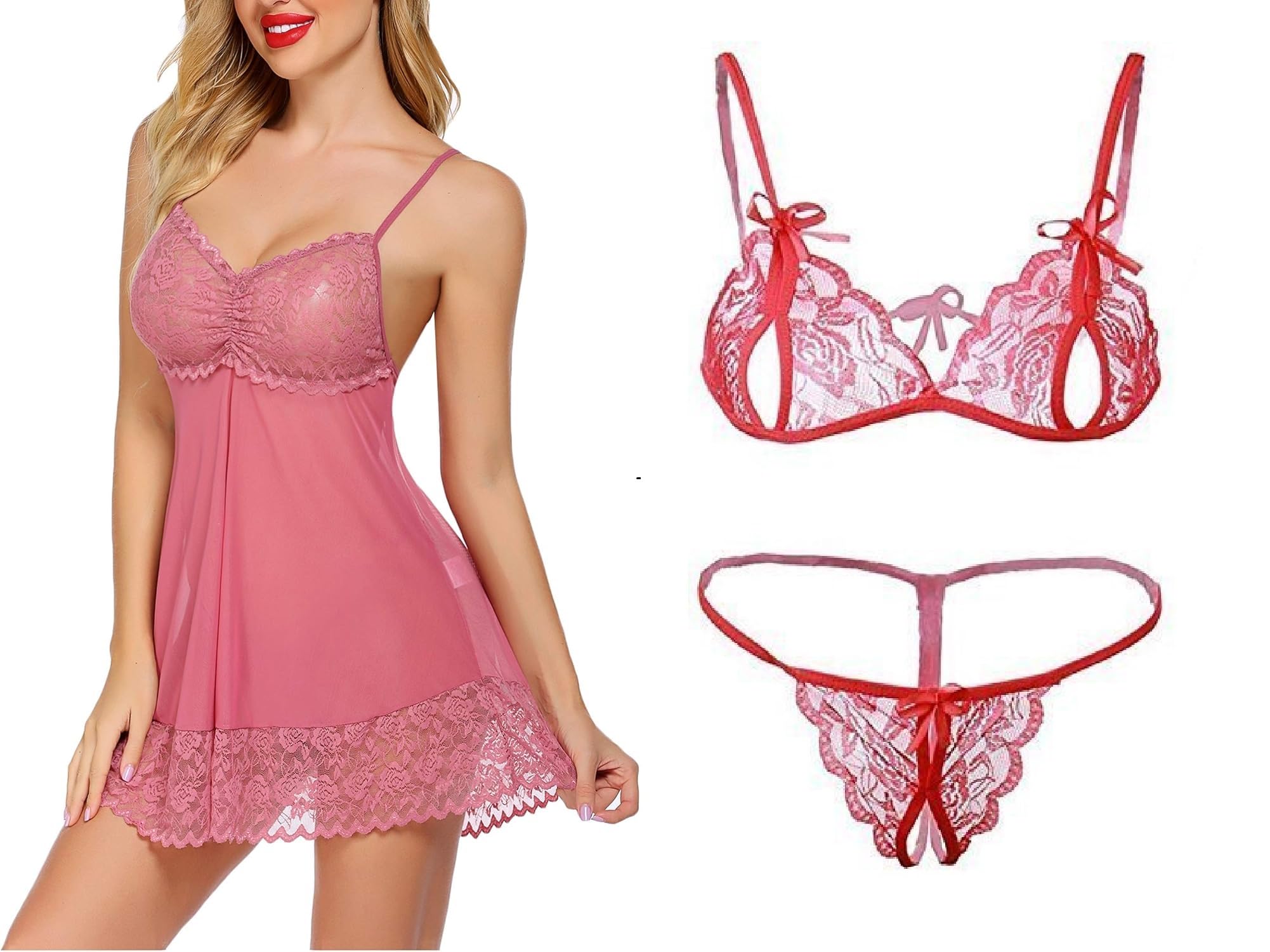 ssoshhub Lace Babydoll Lingerie Sexy Mini Chemise Mesh Wedding Nightie Bridal Nightdress with Bikini-picture-2