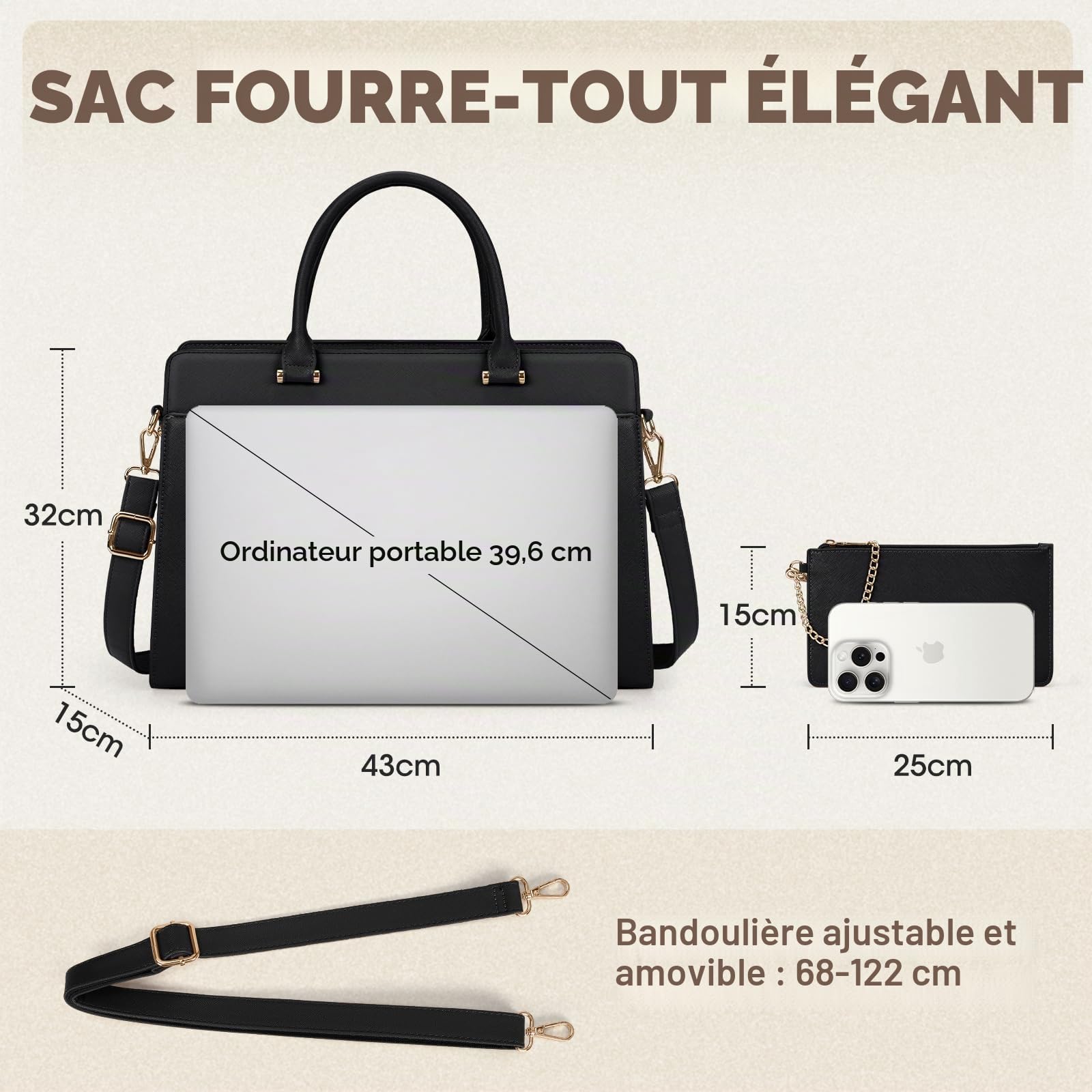 RAINSMORE Sac Cabas Femme Grand Sac A Main Pour Les Cours Lycee PU Cuir sac Fourre Tout Femme Sac Bandoulieres pour Cours Affaires Travail Noir