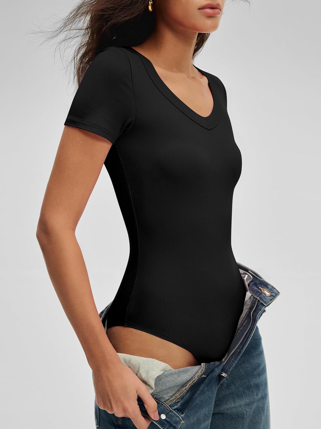 ANRABESS Bodysuits for Women V Neck Short Sleeve Body Suit Tops Slim Fit Ribbed Knit Soft Basic T-Shirts 2026 Summer Outfits - Image 5
