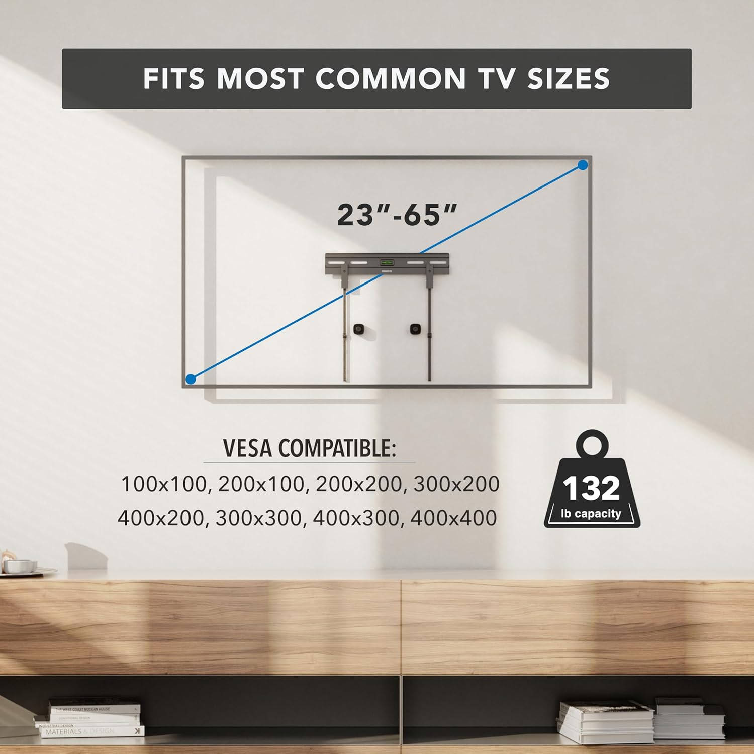 Mount-It! No Stud TV Wall Mount, Studless Drywall TV Bracket for 23–65 Inch Flat Screen TVs, No Drill Easy Install, Slim 1.1” Low Profile, Supports 77 lbs/132 lbs, VESA 100x100–400x400
