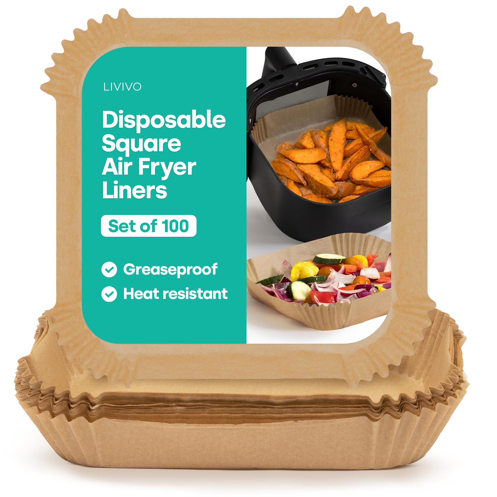 Livivo Disposable Square Air Fryer Liners - Disposable, Greaseproof, Heat Resistant to 220°C, Food Grade LFGB Standard, Compatible with Ninja, Tower, COSORI - Pack of 100