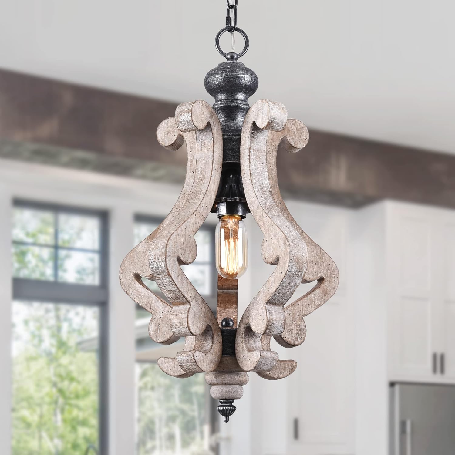 Farmhouse Wooden Pendant Light, French Country Weathered Wood Finish Wood Chandelier (Weathered Wood)