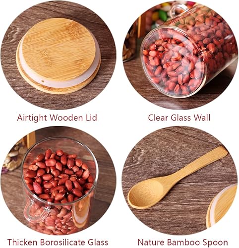 Miniatura 3 de CZFWin Juego de 4 tarros de vidrio con tapas de bambú y cucharas de madera, juego de 4 recipientes para café, té, azúcar para almacenamiento suelto,