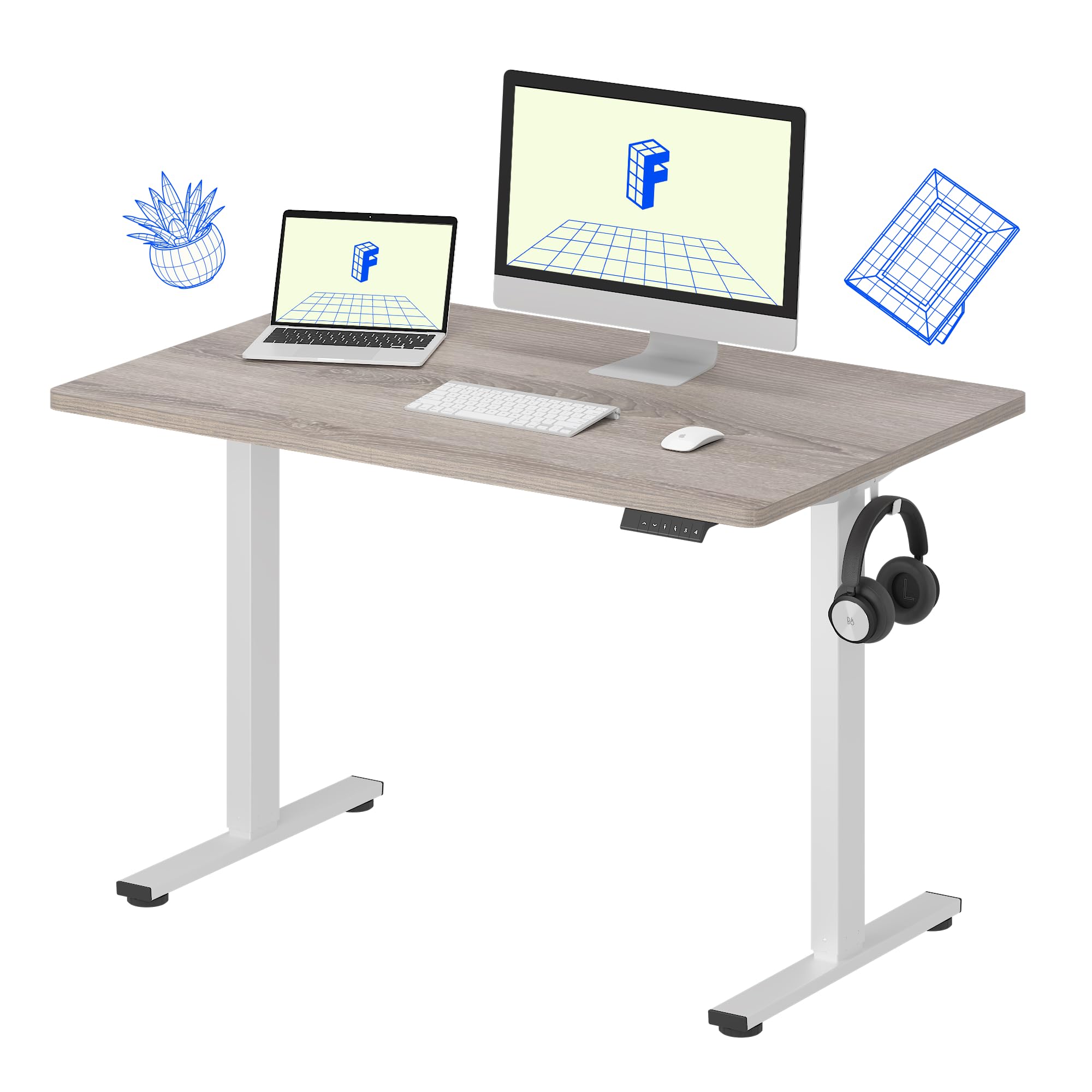FLEXISPOT EN1 One-Piece Standing Desk 48 x 30 Inches Height Adjustable Electric Desk Sit Stand Desk Home Office Desks (White Frame + Gray Wood Grain Top, 2 Packages)