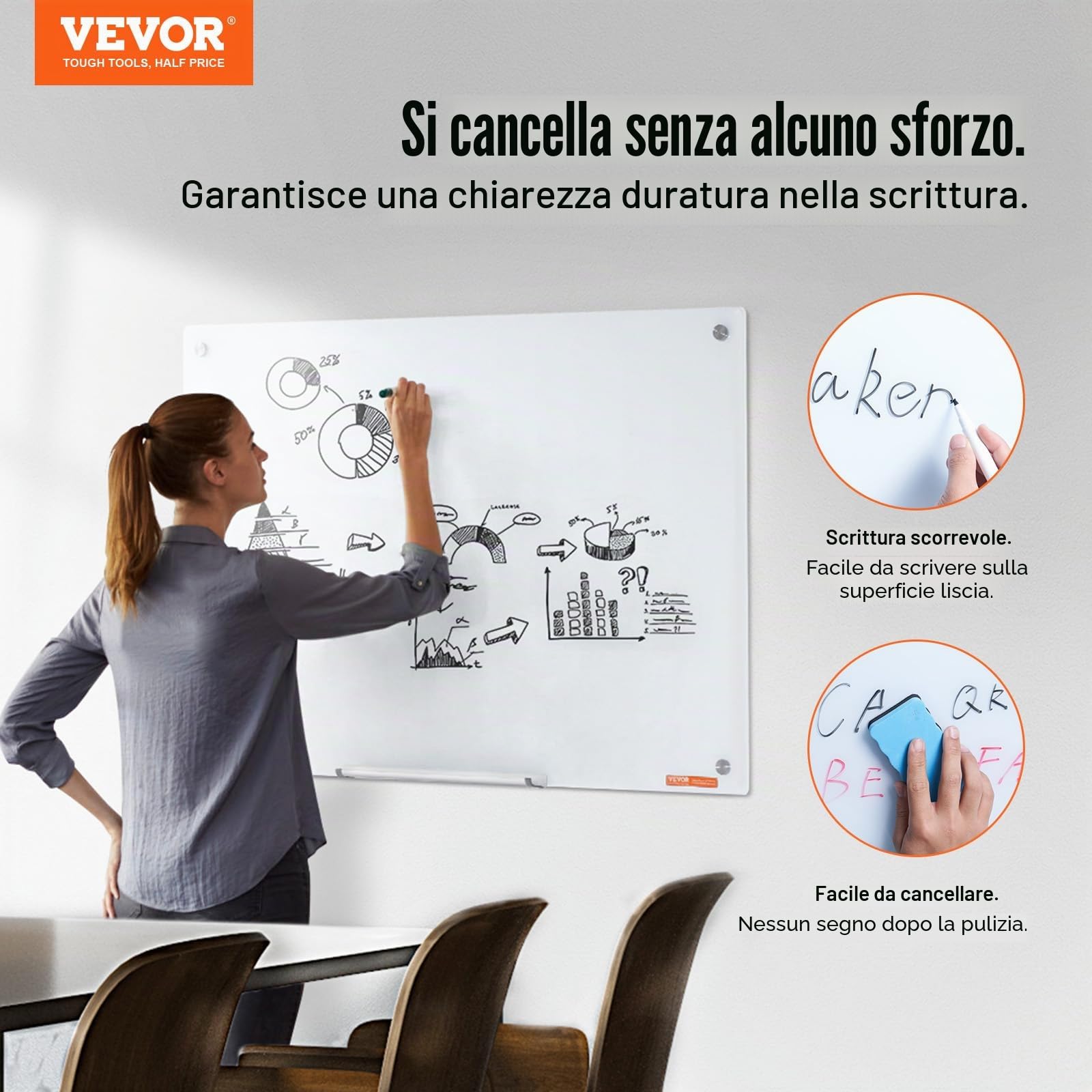 VEVOR Lavagna magnetica in vetro cancellabile a secco 90 x 60 cm, Lavagna per promemoria da parete, Vassoio per pennarelli, per Ufficio scuola ristorante casa