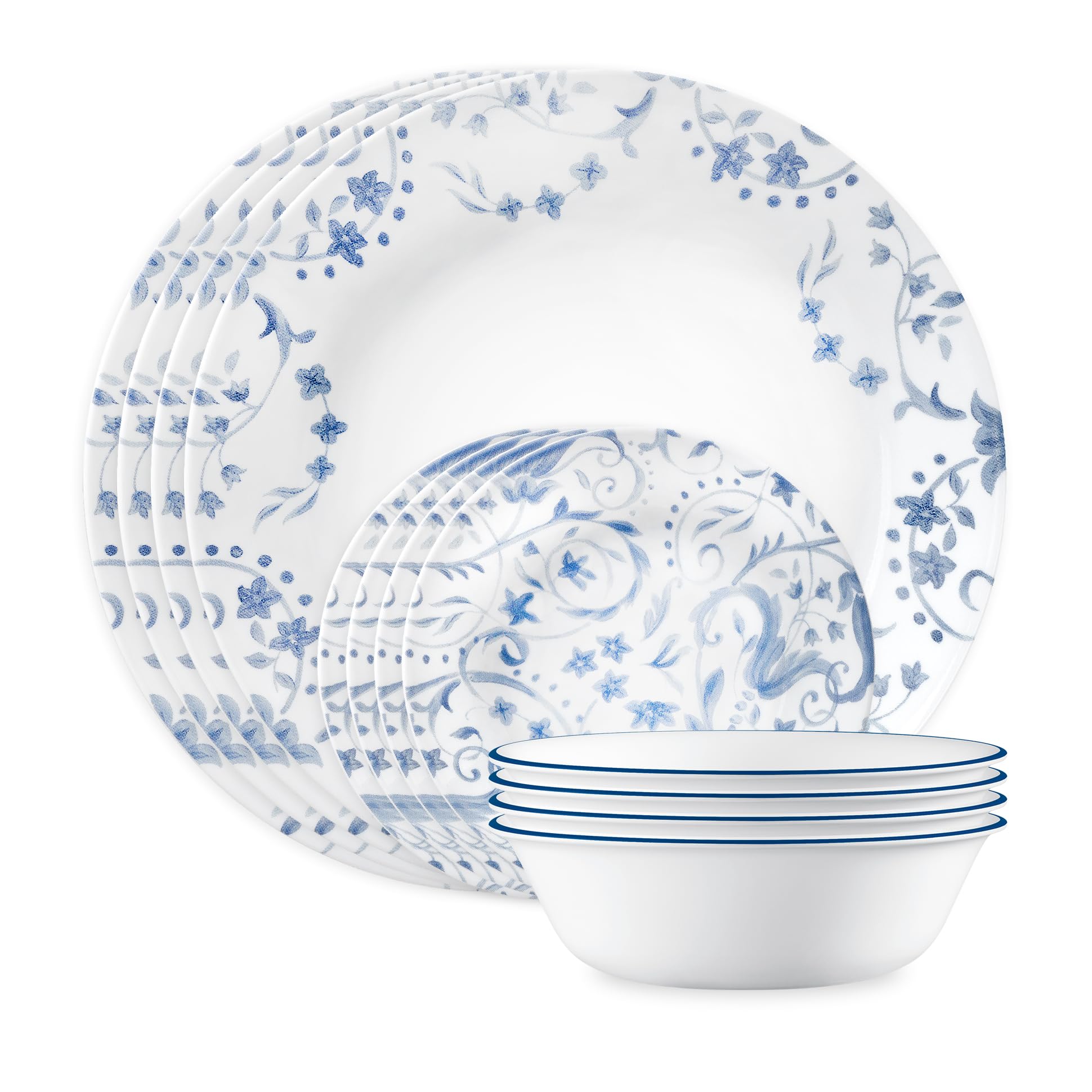 Corelle Darlington Service de table 12 pièces pour 4 personnes, vaisselle résistante aux éclats, comprend des assiettes plates de 26 cm, des assiettes à salade/à dessert de 17 cm et des bols à soupe