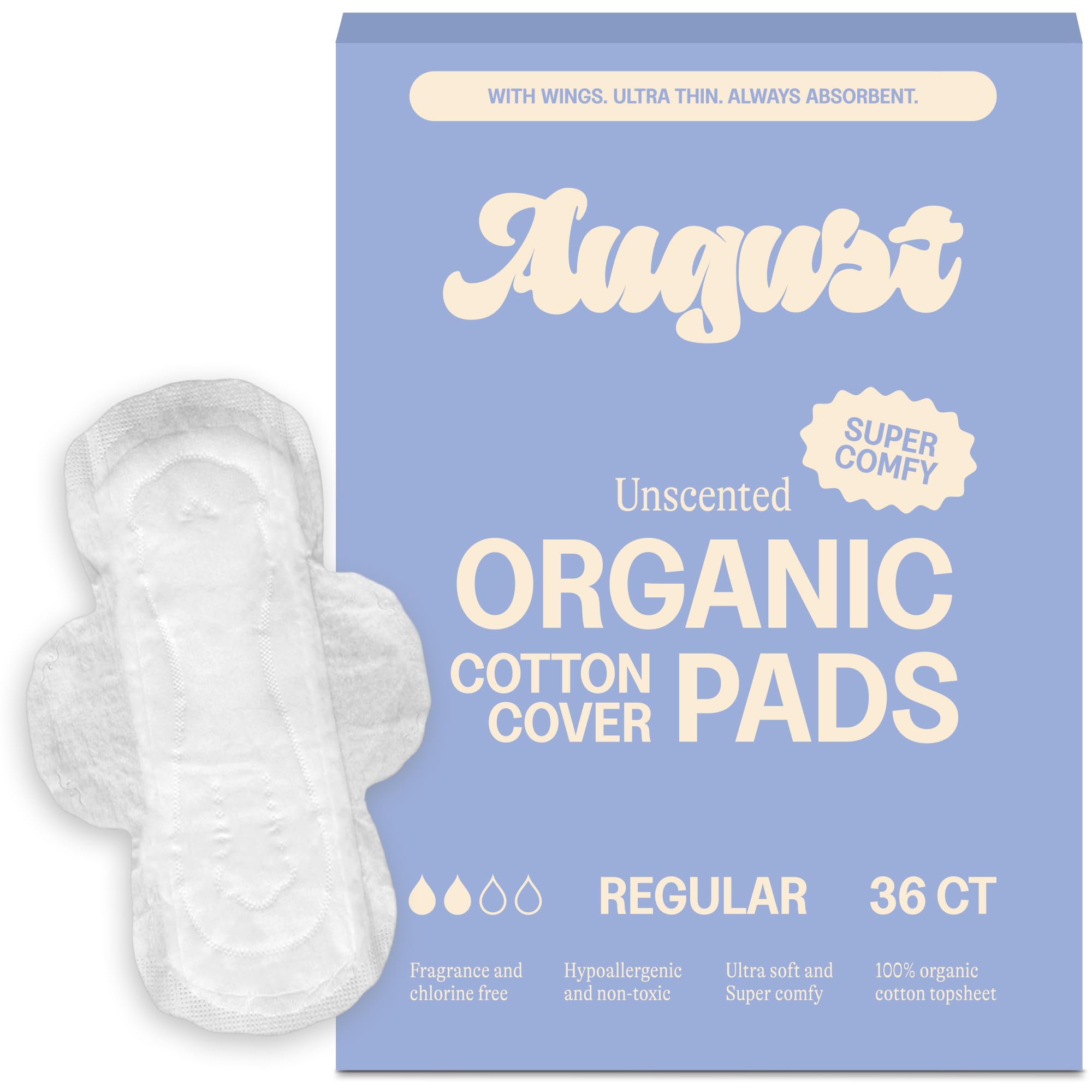 Regular Cotton Menstrual Pads, 36-Pack Ultra Thin Pads with Wings, Hypoallergenic Sanitary Napkins with Organic Cotton Topsheet, Compostable Wrappers, Toxin Free, Fragrance Free