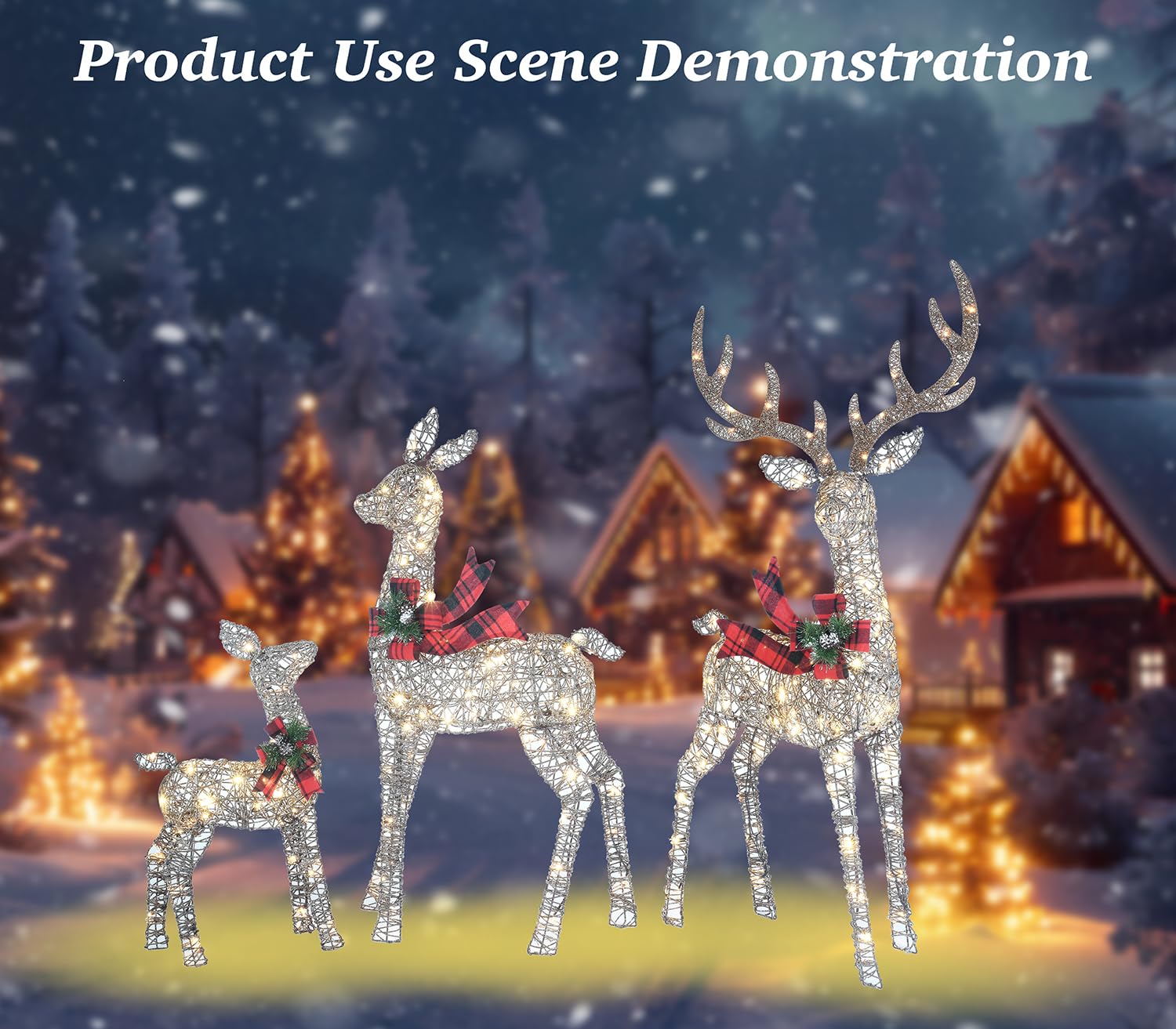 Decoraciones de ciervo de Navidad tejidas en 3D de 58 pulgadas, 3 piezas para exteriores, juego de renos con 210 LED blancos cálidos, gran exhibición de patio para jardín, escaparate