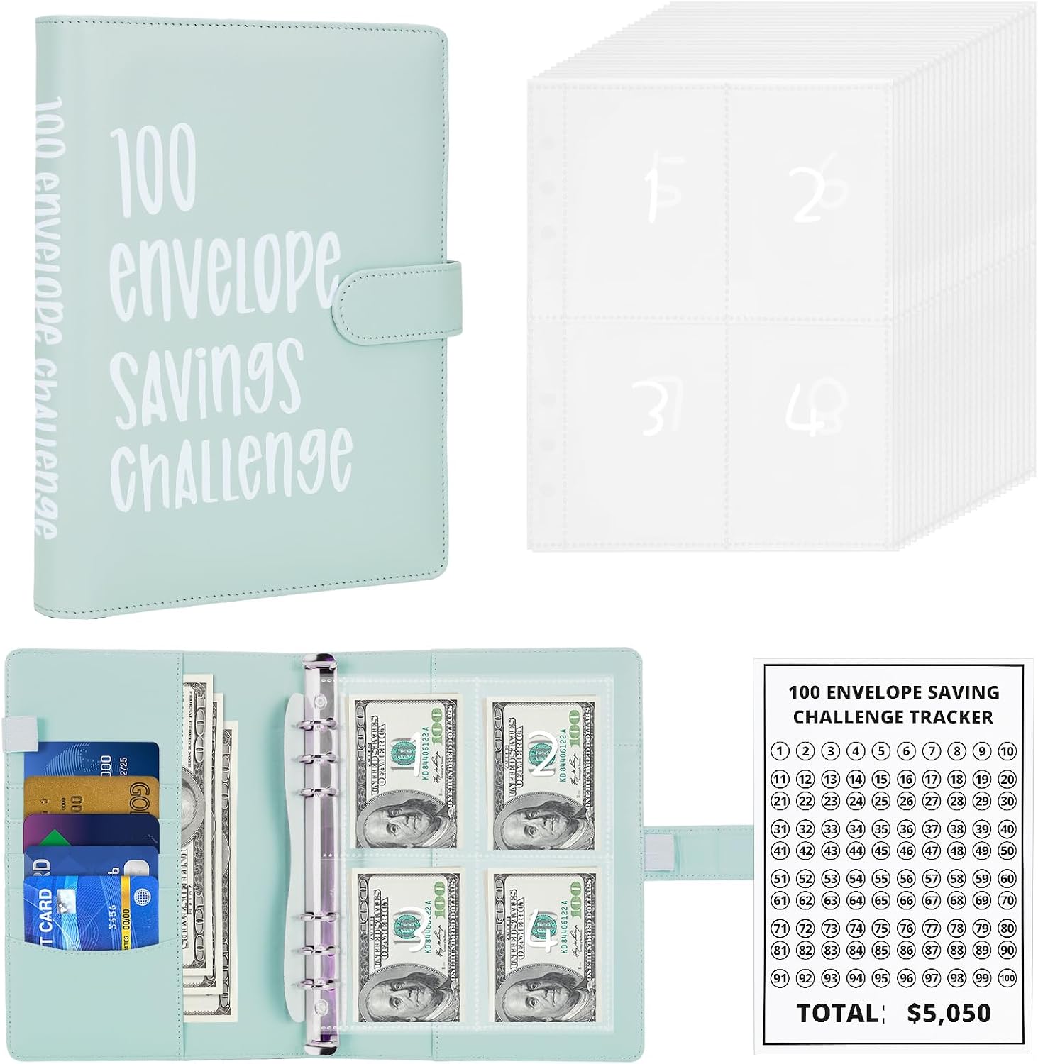 100 Envelope Challenge Binder Money Savings Binder, Budget Book Binder with Cash Envelopes, Savings Challenge Book to Save $5,050 Budget Binder for Budgeting and Saving Money (Blue)