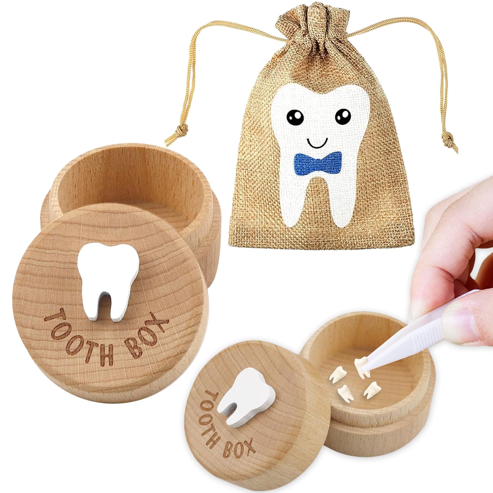 STSAIL Tooth Fairy Box 3D Carved Tooth Fairy Tooth Holder, Baby Tooth Box for Lost Tooth Wooden Tooth Keepsake Box, Tooth Holder for Kids Teeth With Tooth Fairy Bag Storage Toddler Tooth Box Gift