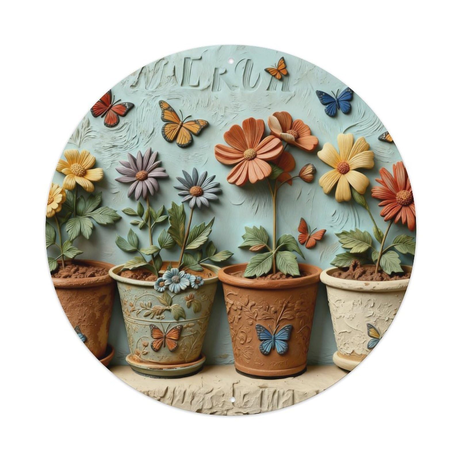 Butterfly Flower Pot Garden Art Round Metal Tin Sign Vintage Wall Decor, Bar Garage Cafe Kitchen Home Wall Art Poster 8x8inches