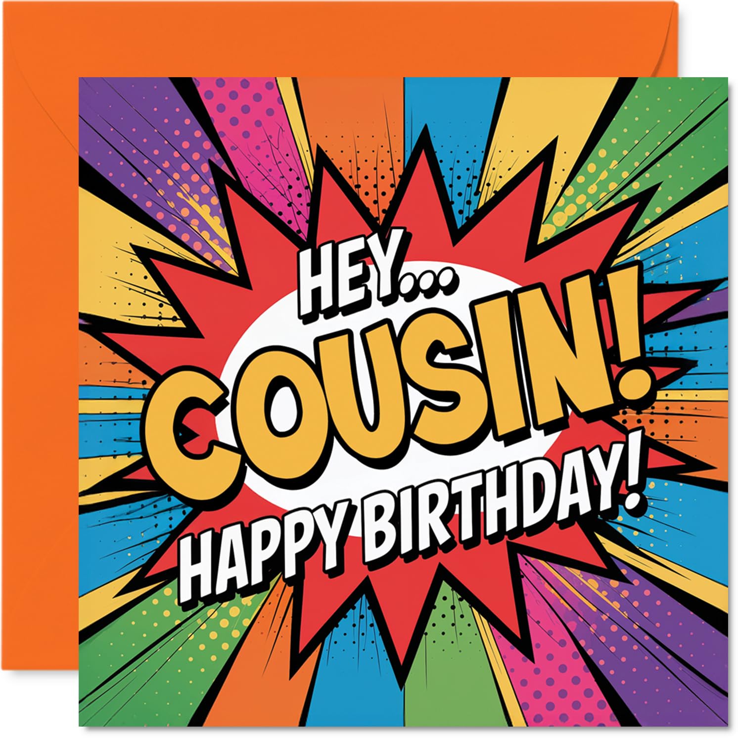 Playful Birthday Card for Cousin - Bursting with Birthday Energy - Comic-style Bold Text and Vibrant Colours - Sure to Make Your Cousin Grin - 145mm Square, Envelope Included
