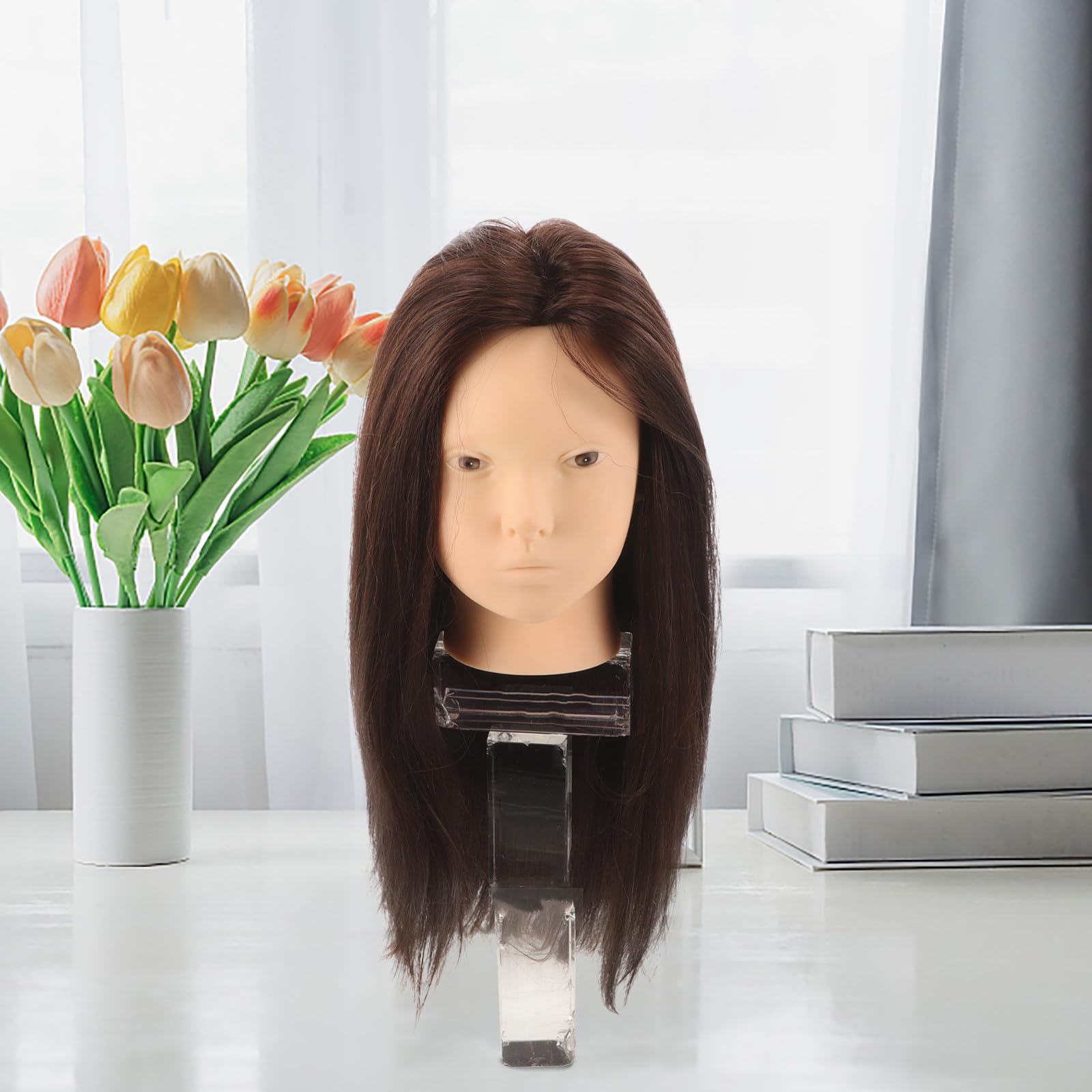 TEHAUX Frisierkopf Echthaar Übungskopf mit Halterung zum Haarstyling und Flechten Glatte Textur für Friseurschule und Salonpraxis