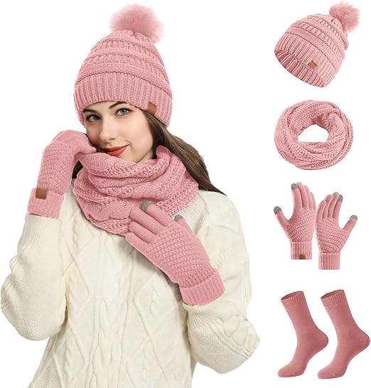 9-Piece Winter Beanie Scarf Gloves Set For Women - Touchscreen Gloves, Black/Beige/Pink