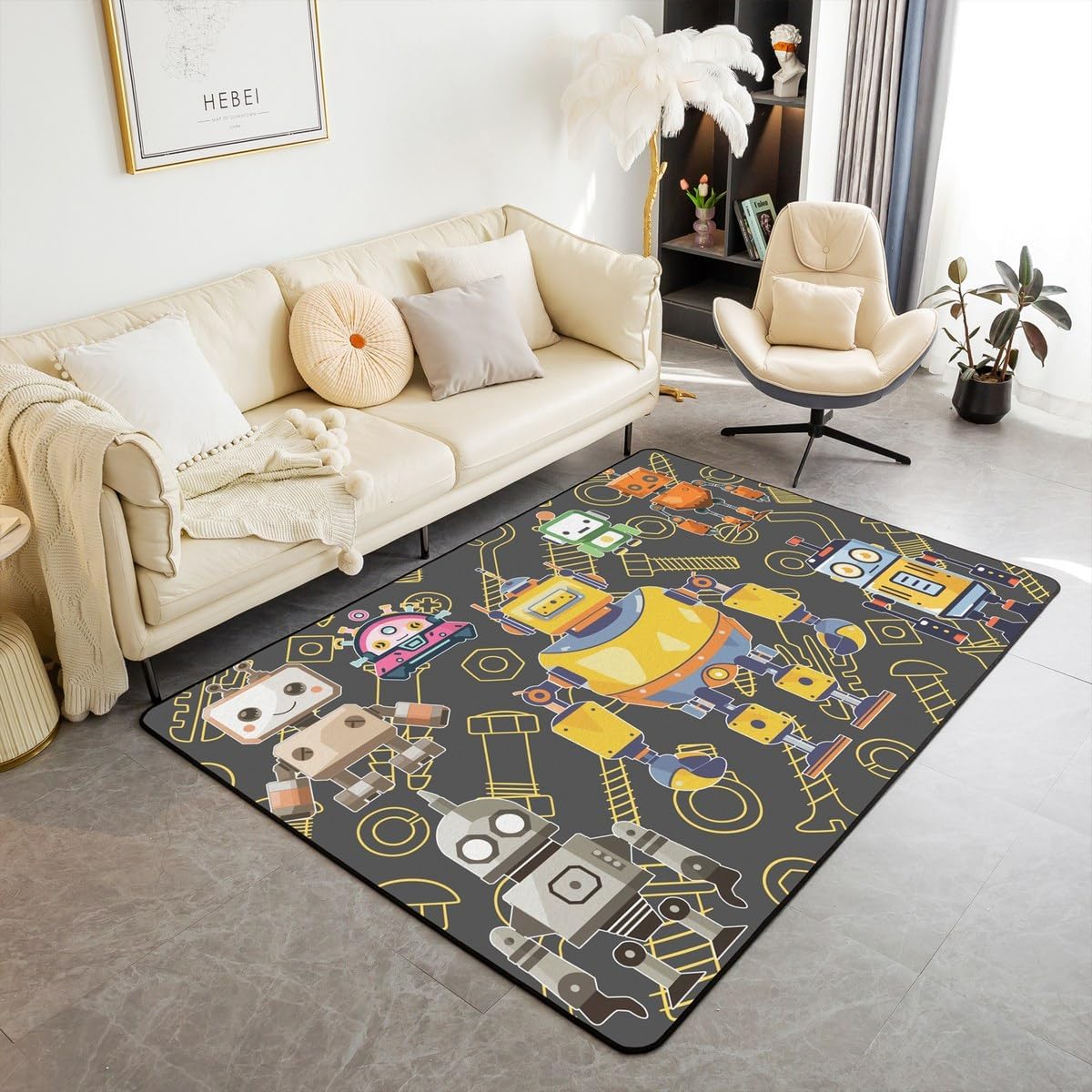 Cartoon Robot Indoor Floor Mat,Colorful Intelligent Machine Graffiti Decorative Carpet for Bedroom Bedside, Kids Boys Teal Playroom Rugs Home Decor 5x6'6'' Area Rug