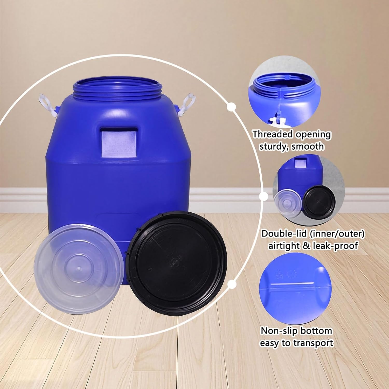 Food - Grade Plastic Square Bucket with Lid, Honey Storage Barrels, HDPE Fermentation Container, Ideal for Wine - Making, Grains, Water & Liquid Storage(White,50L)