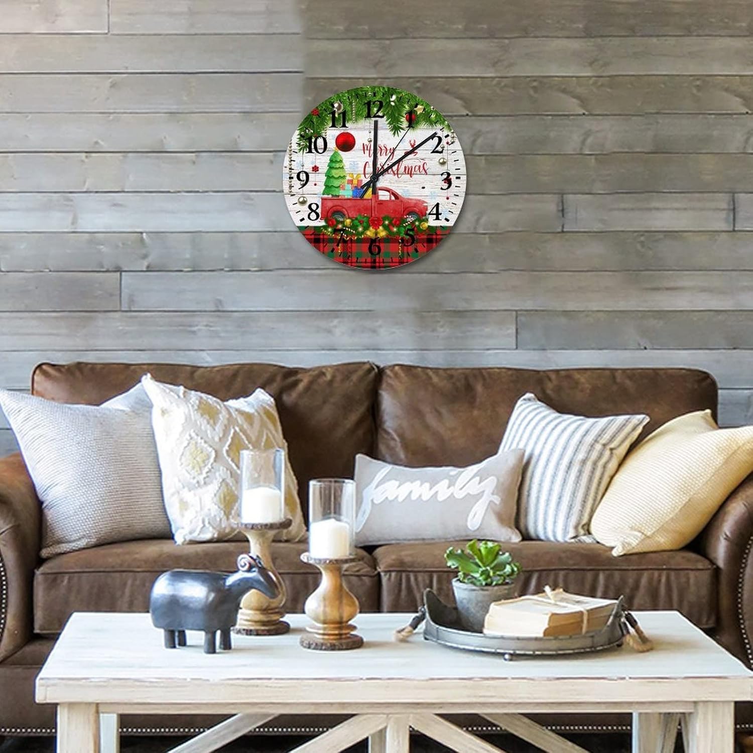 Merry Christmas Tree Truck Wooden Clock 12 Inch, Red Truck and Trees Bed Room Asserories Battery Operated Quartz Analog Quiet Round Arabic Numbers Clock for Bedroom Living Room Home Decor
