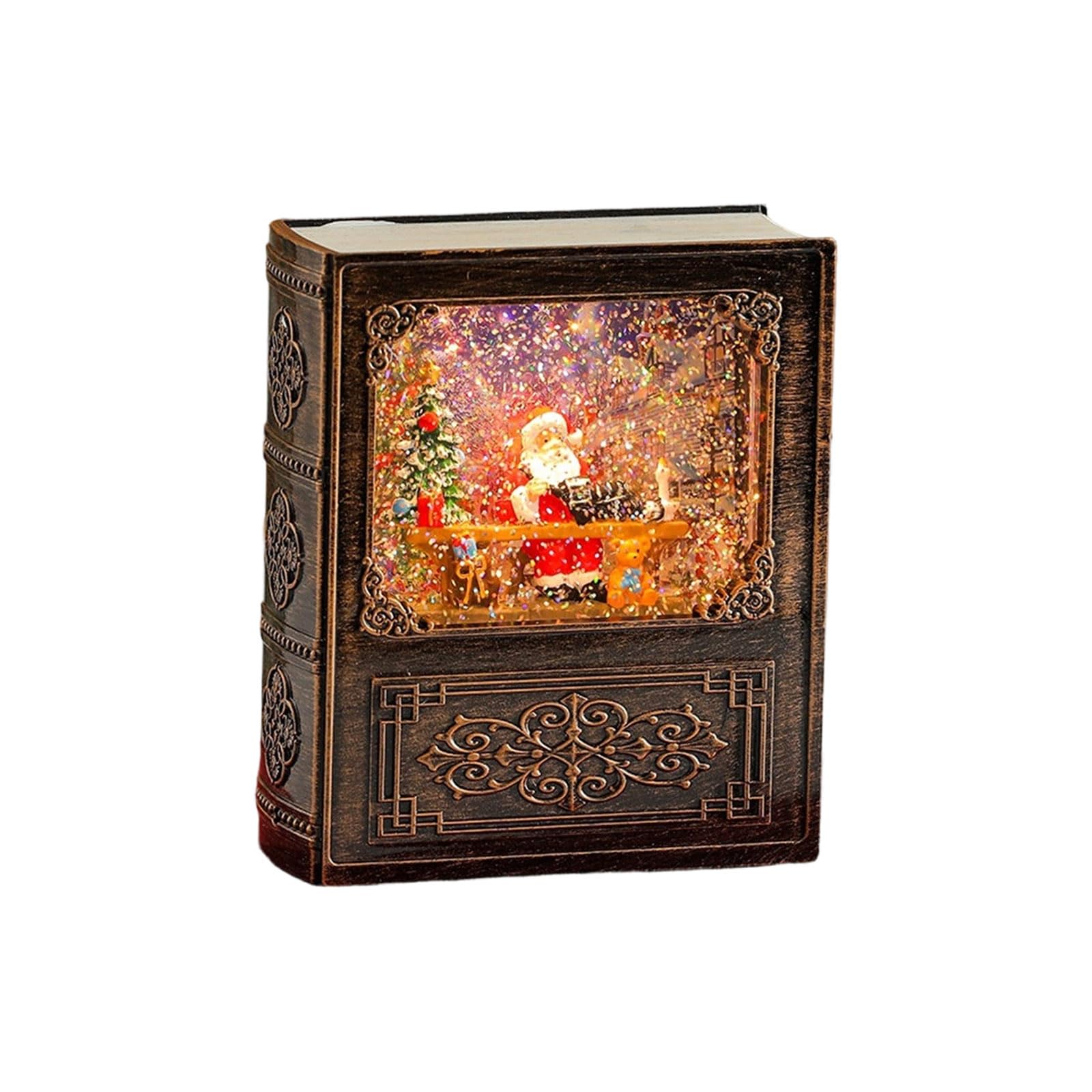 Tabletop Christmas Decor Music Box, Book Shaped Water Scene, Built in Sound, USB or Battery Holiday Display Accent Christmas Snow Globes Glitter Music Box Musical Snowglobes Book Shape Lighted Water