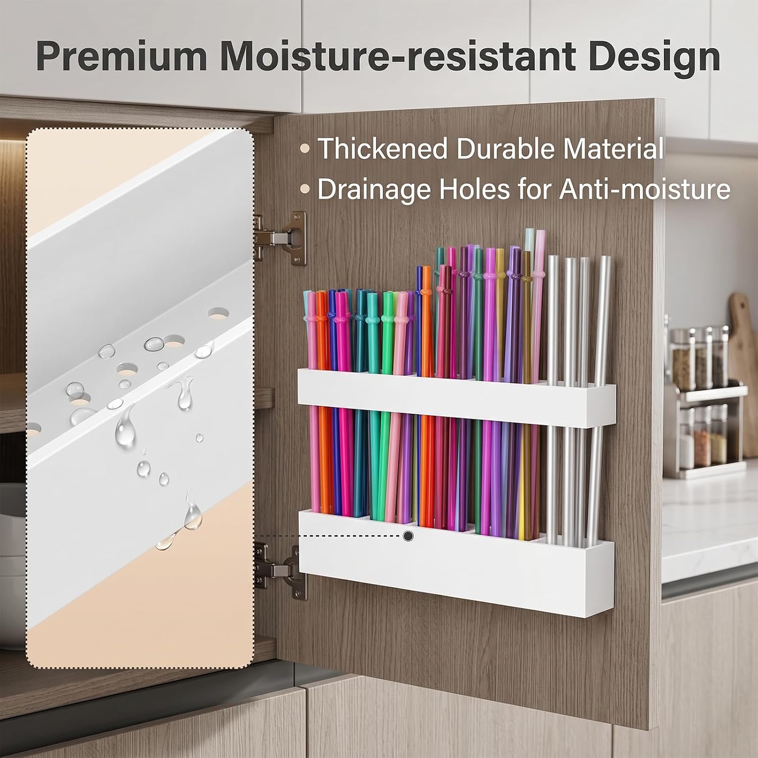 White Acrylic Straw Organizer, Cabinet Mounted Holder for Kitchen Storage