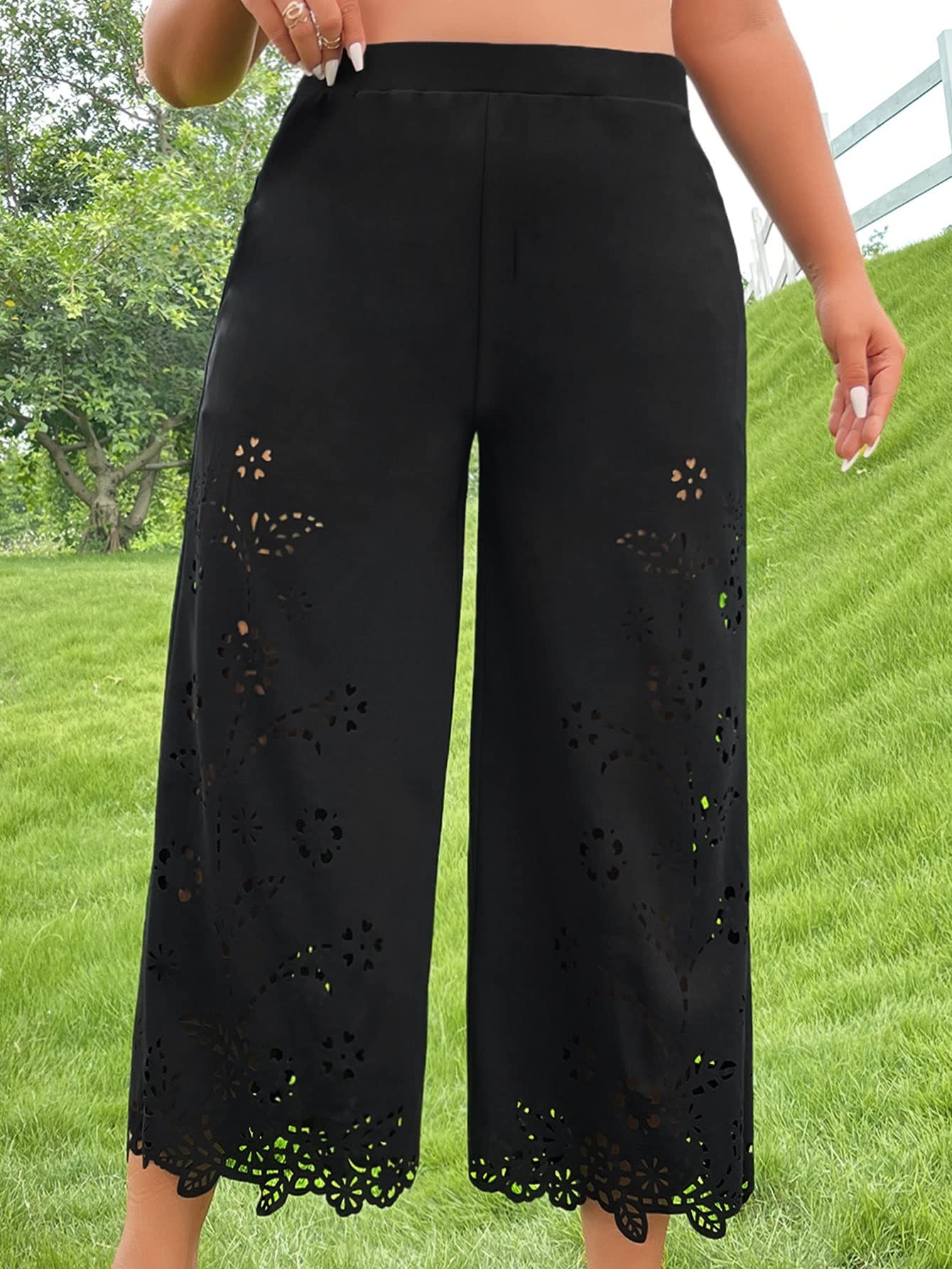 AntaQuyaN Plus Size Pants Women Plus Laser Cut Wide Leg Pants Plus Size Pants Women Color Black Size