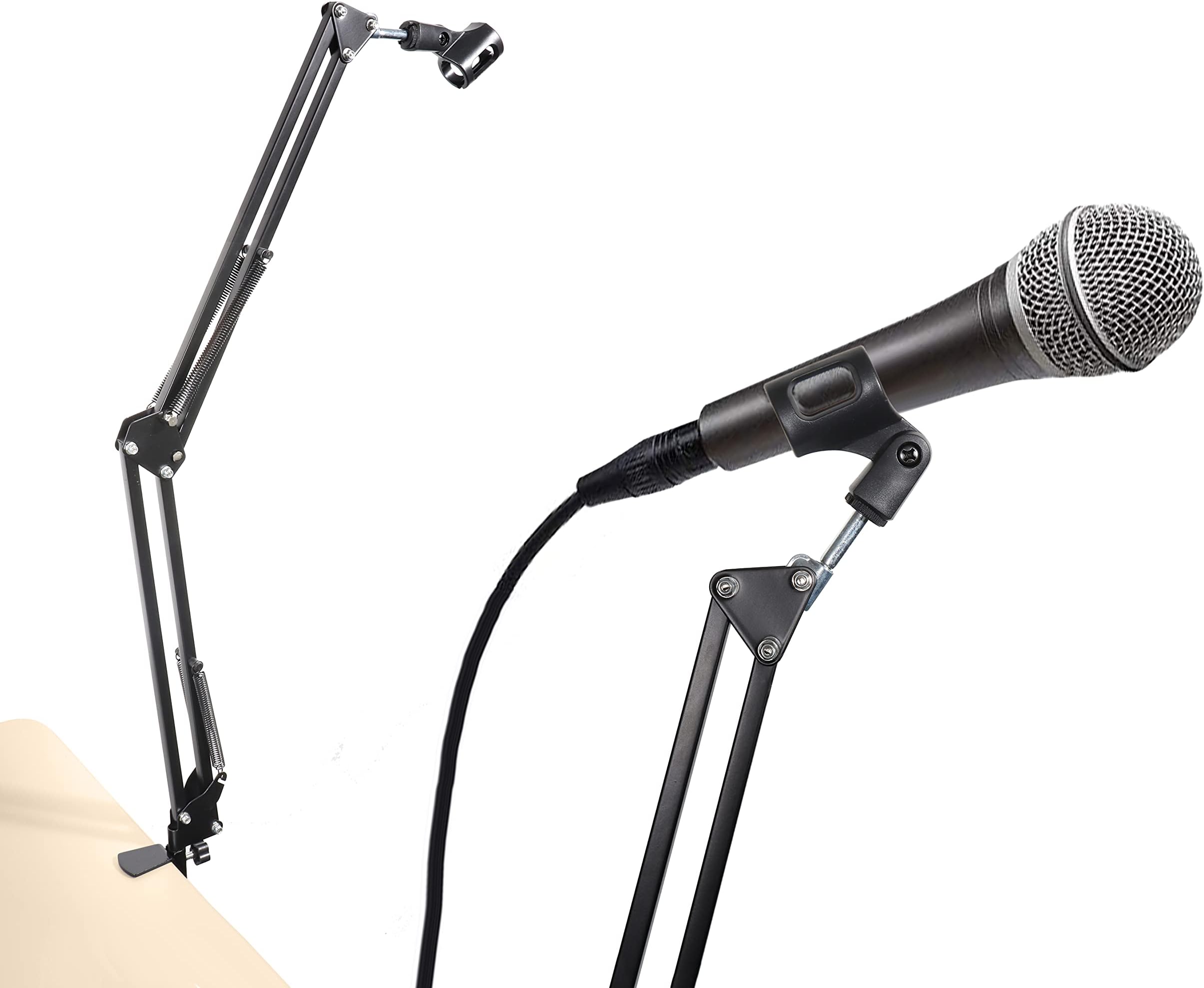 Arm Microphone Stand, Microphone Adjustable Desk Suspension Boom Scissor Arm with Mic Clip Holder and Table Mounting Clamp, featured Microphone Mount for DJ, music recorder and computer PC game