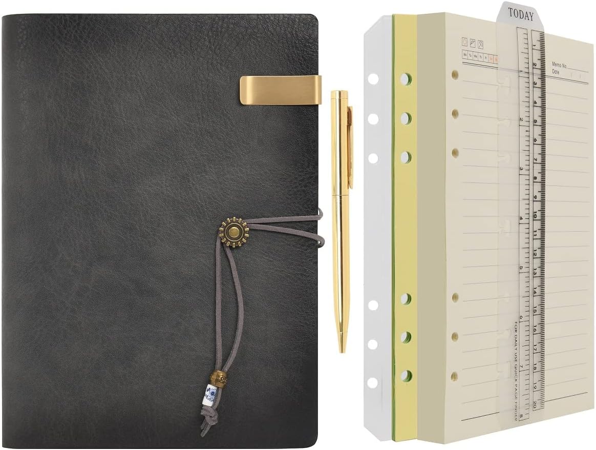 WONDERPOOL Leather Journal A5 Refillable 6 Ring Binder Notebook with Lined Paper and Pen,Writing Diary for Work Travel and Agenda Plan (A5, Grey)