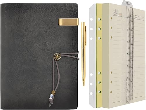 Wonderpool - Diario de piel con forro de papel y bolígrafo, rellenable, 6 argollas, páginas a rayas, cubierta vintage para la oficina, viajes,