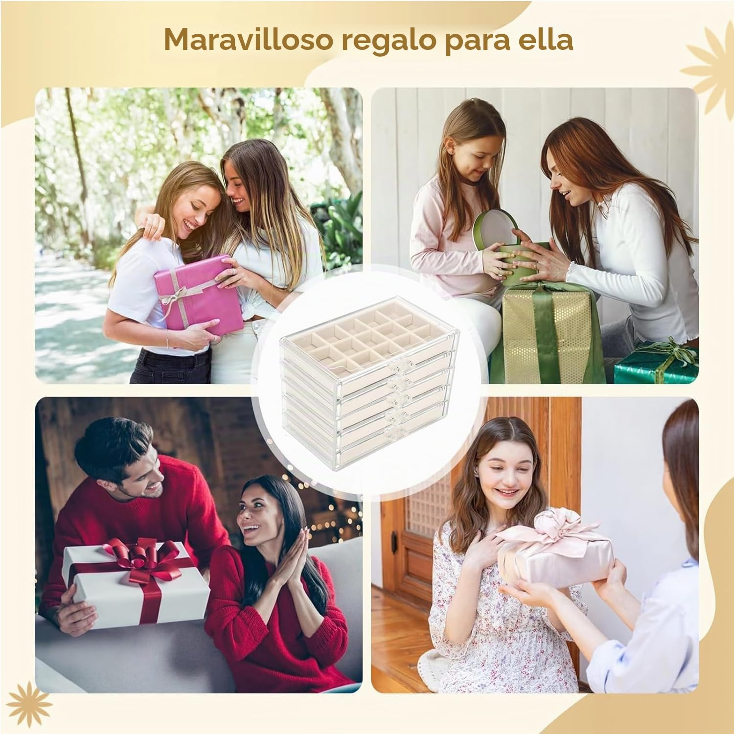 Caja organizadora de joyas de acrílico con bandejas de terciopelo, almacenamiento transparente para pendientes y anillos