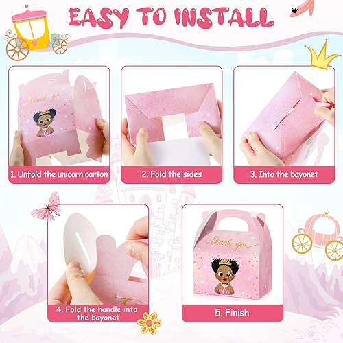 Miniatura 7 de 24 cajas de golosinas de princesa afroamericana, caja de dulces de princesa pequeña, cajas de cartón con asas, baby shower de princesa con impresión