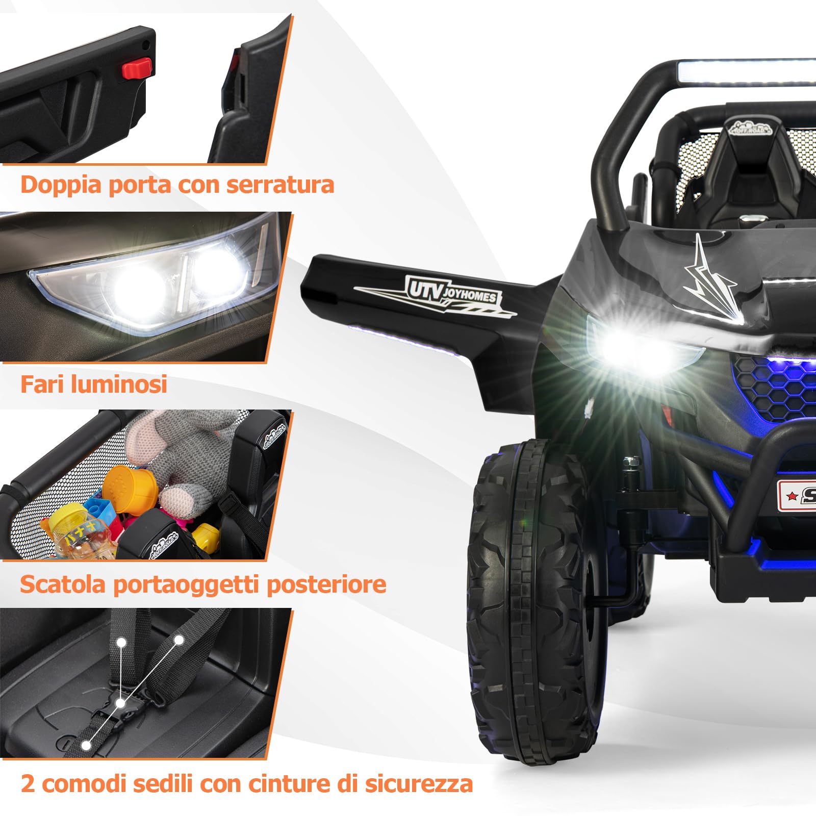 GYMAX Auto Elettrica per Bambini a 12 V, Veicolo per Bambini a 2 Posti con Telecomando, Fari, Musica, Luci e Borsa per Conservazione, per 3-8 Anni (Nero)