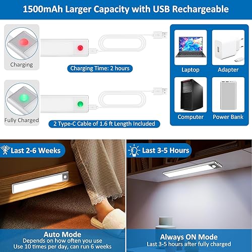 Miniatura 4 de 51 luces LED con sensor de movimiento para debajo del gabinete, luz magnética recargable debajo del armario, barra de luz nocturna inalámbrica