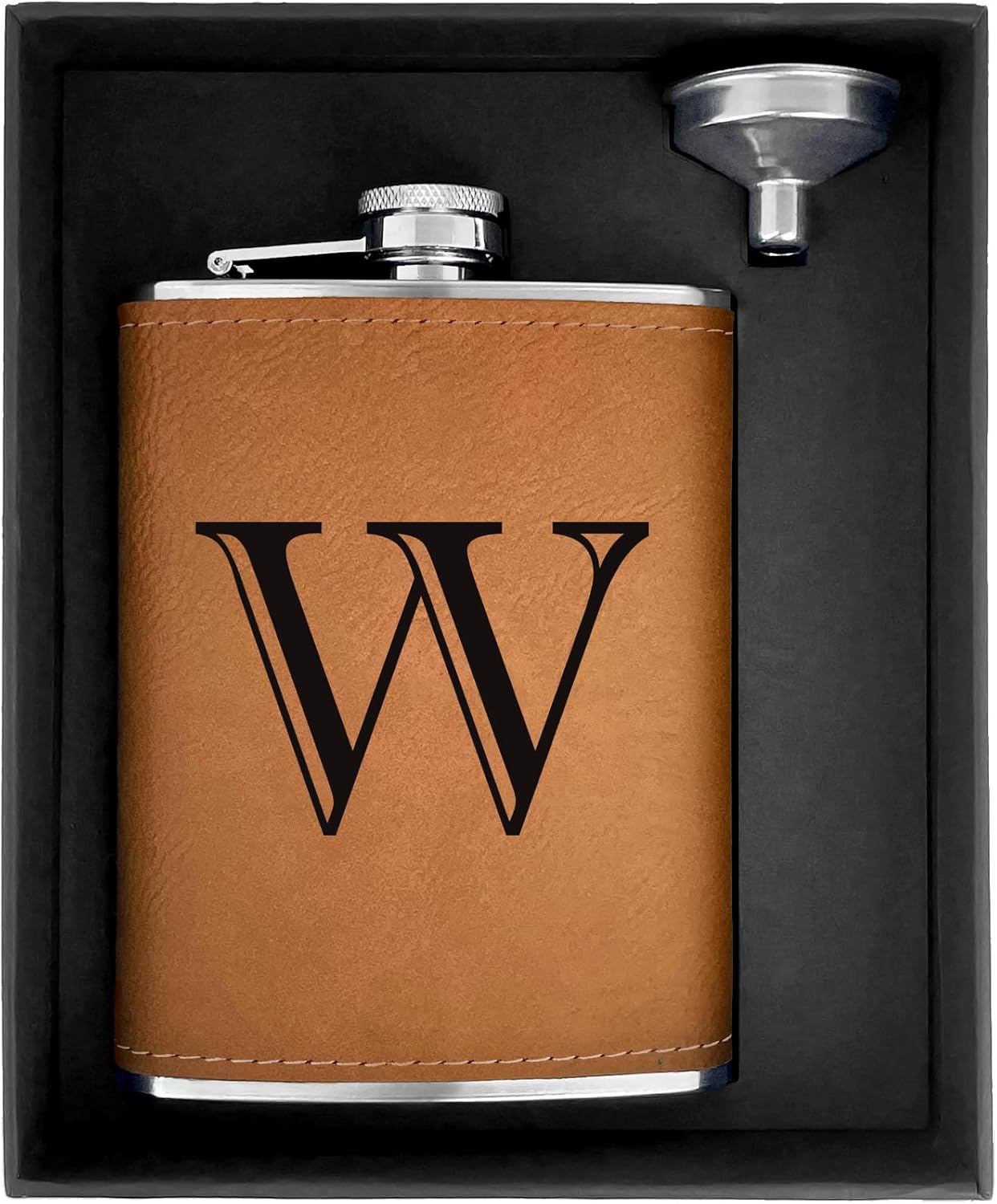 CARAKNOTS Hip Flasks for Liquor for Men Leather Drinking Whiskey Flask with Initials Engraved Stainless Steel with Funnel 8 OZ Personalized Christmas Birthday Gifts for Dad Him Letter W