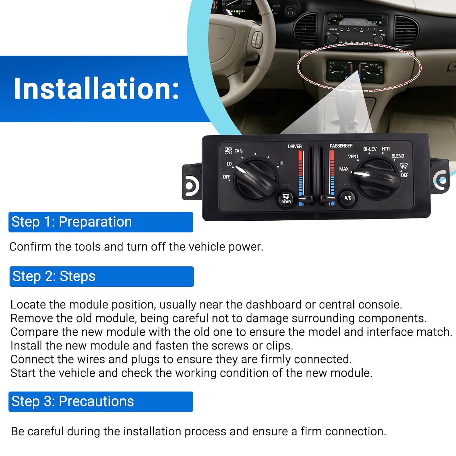 Heater A/C Dual Climate Control Module Fits for 2000-2005 Buick Century 3.1L 2000-2004 Buick Regal 3.8L Replaces 10308120 10447470 599199
