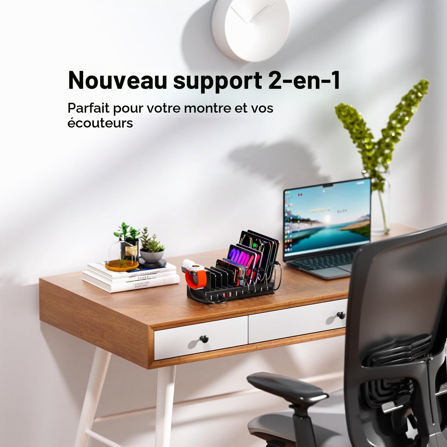 Station de Recharge Multi-appareils 100W, Chargeur 10 Ports USB C+USB A, Support de Bureau pour téléphone et Tablette, adapté au Rangement des appareils, Compatible avec iPhone/Galaxy/iPad/tablettes