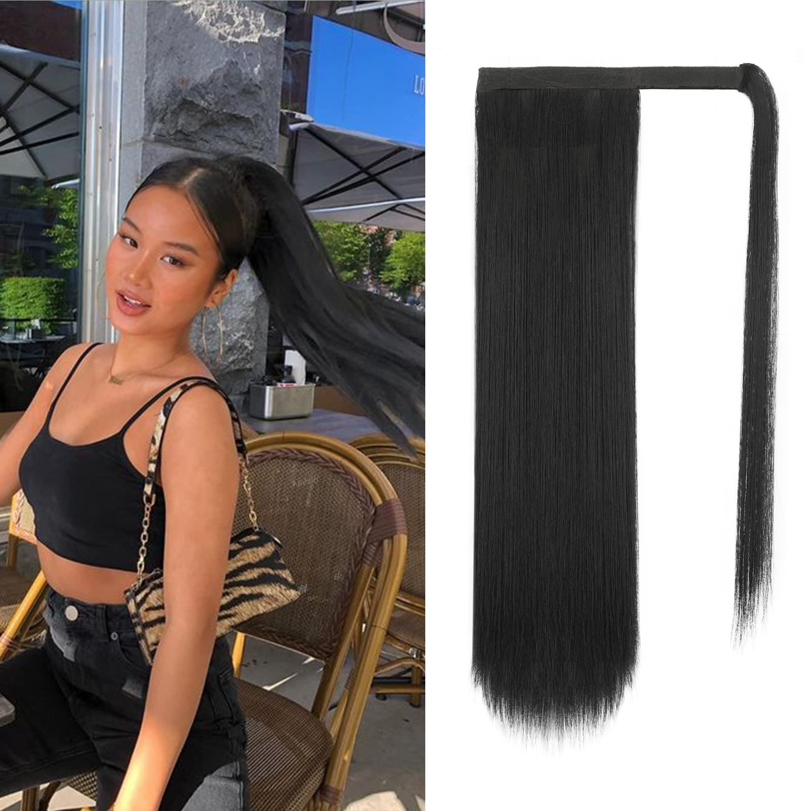 BARSDAR Natural Black Straight Wrap Ponytail Extension - 18 Inch Long Straight Wrap Around Ponytail Hair Extensions for Black Women, Synthetic Clip in