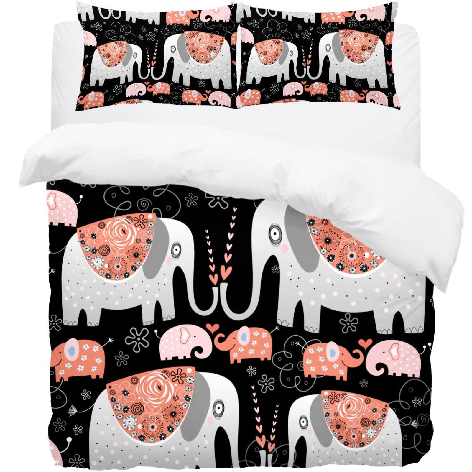Parure de lit simple 3 pièces avec housse de couette motif éléphant floral