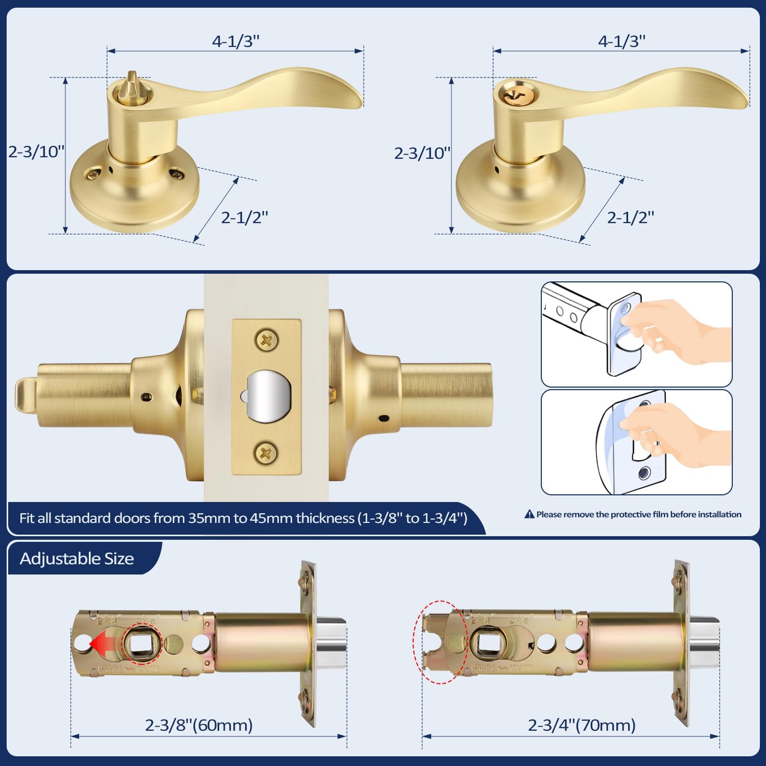 2 Pack Satin Brass Door Handle, Wave Style Entrance Door Lever Door Handle, Keyed Alike/Combo Keys Door Handles for Bedroom or Living Room, Right Handing
