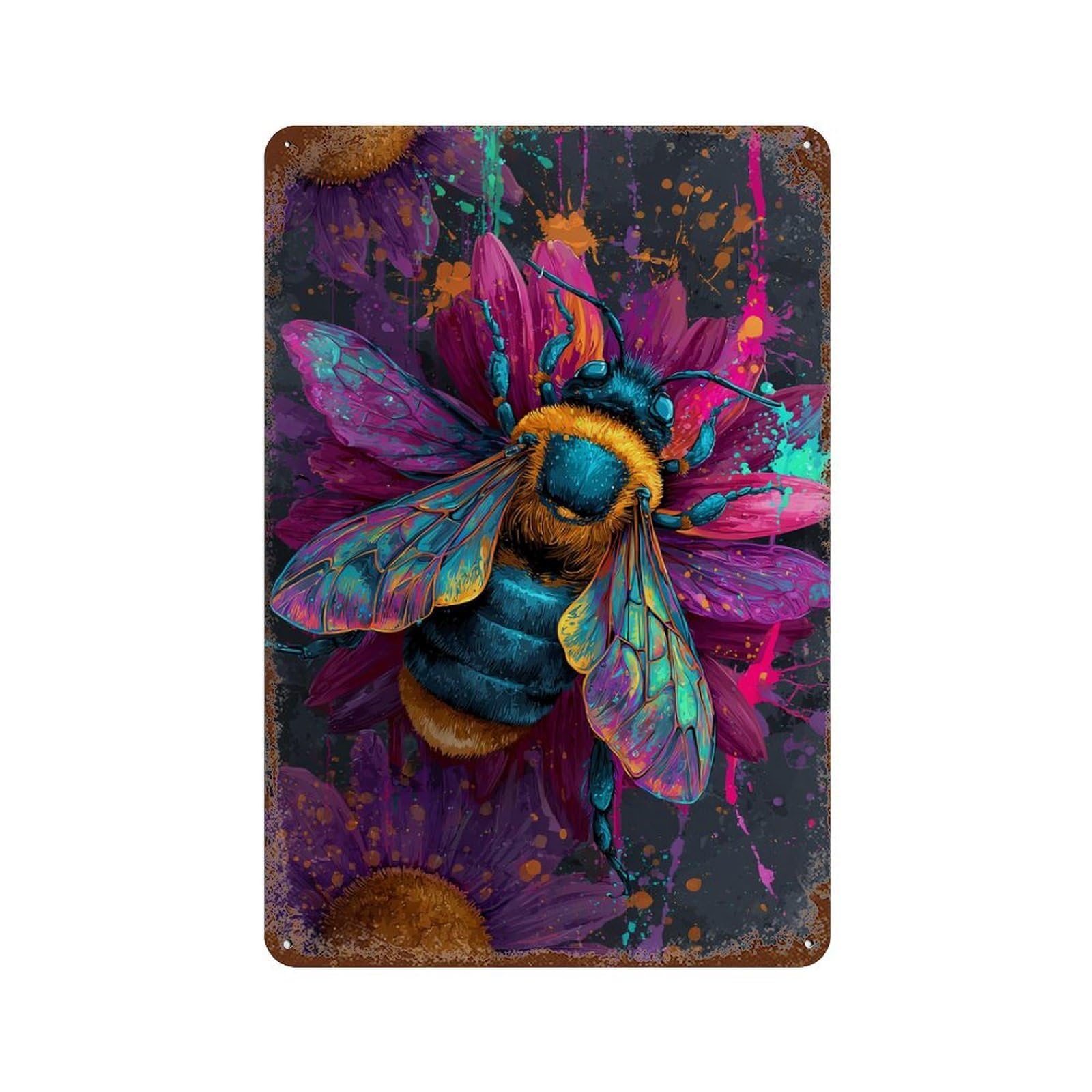 Colorful Bee Art Print Rustic Tin Plaque 11.8"x7.9", for Pub, Kitchen And Man Cave Decor, Vintage Wall Decor