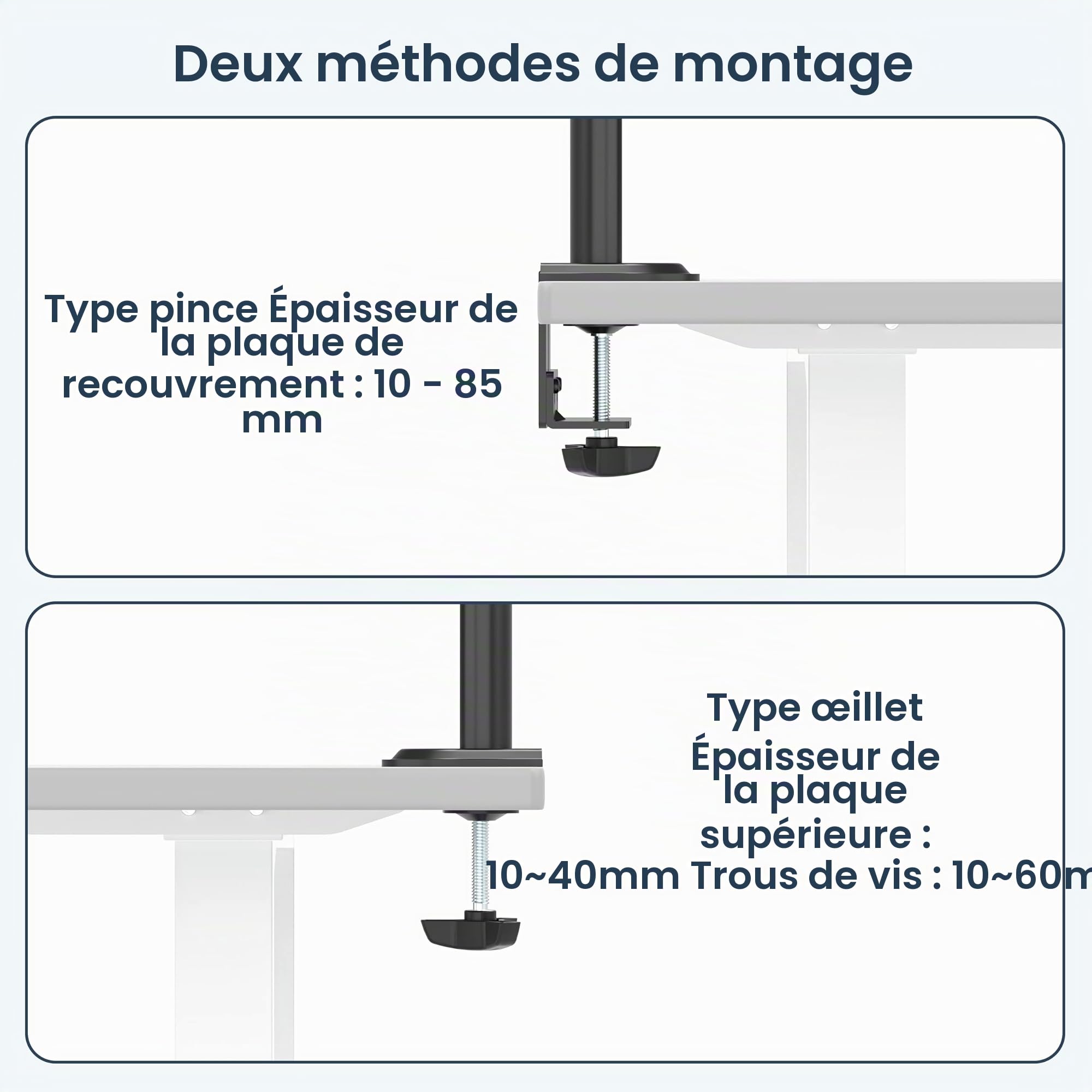 WORLDLIFT Bras de Moniteur Vertical Haut/Bas 2 écrans Double Poteau Long Horizontal Mobile Type Pince 32" Capacité de Charge 8KG