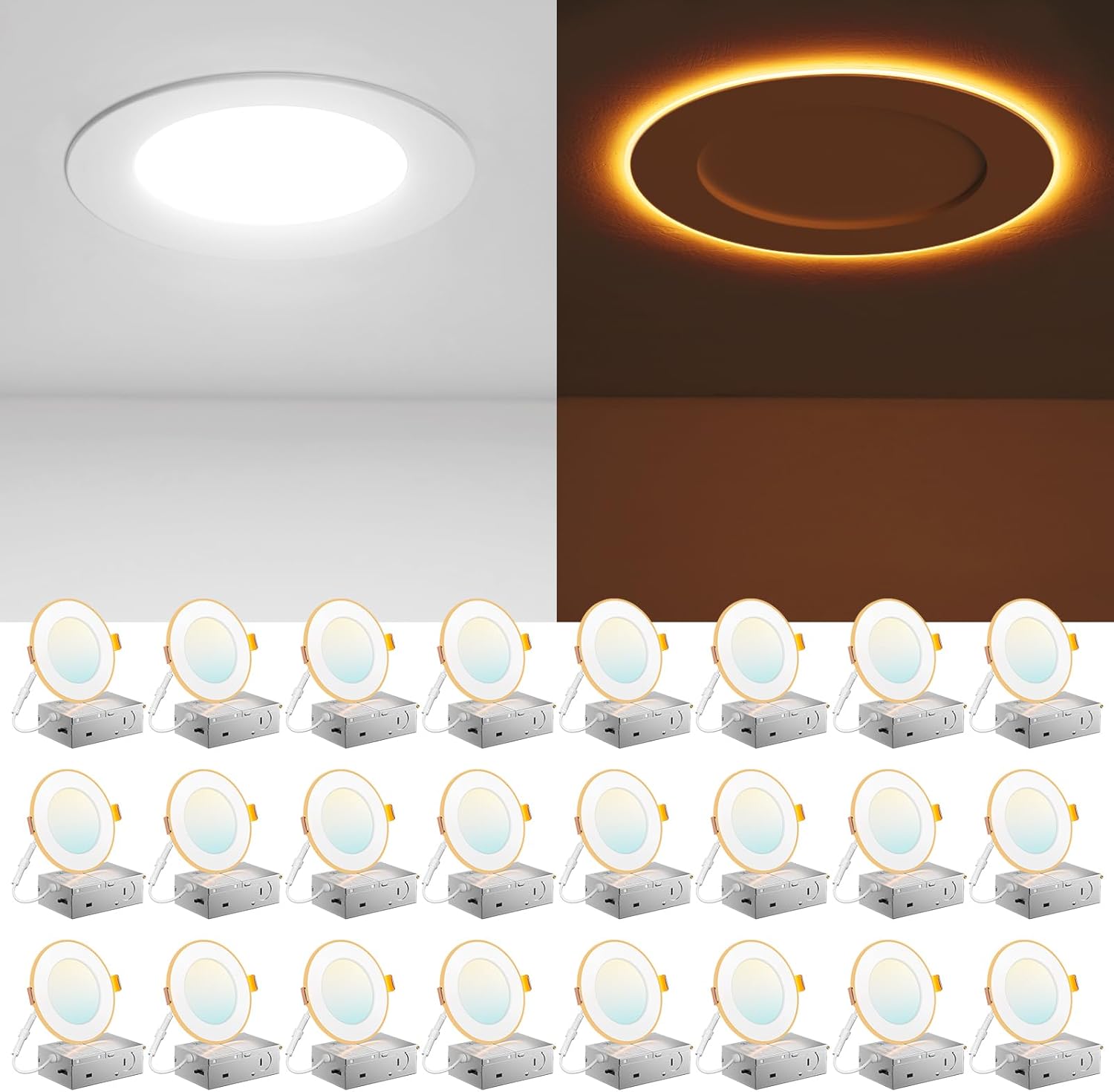 Amico 24 Pack Black Trim 6 Inch 5CCT LED Recessed Ceiling Light with Night Light, 2700K-5000K Selectable Ultra-Thin Recessed Lighting, 12W=110W, 1100LM, Dimmable Canless Wafer Downlight ETL&FCC