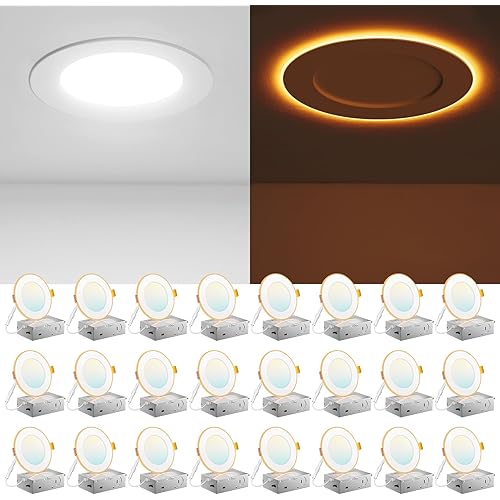 Amico 24 Pack 4 Inch 5CCT LED Recessed Ceiling Light with Night Light, 2700K/3000K/3500K/4000K/5000K Selectable Ultra-Thin Recessed Lighting, 10W=90W, 700LM, Dimmable Canless Wafer Downlight ETL&FCC