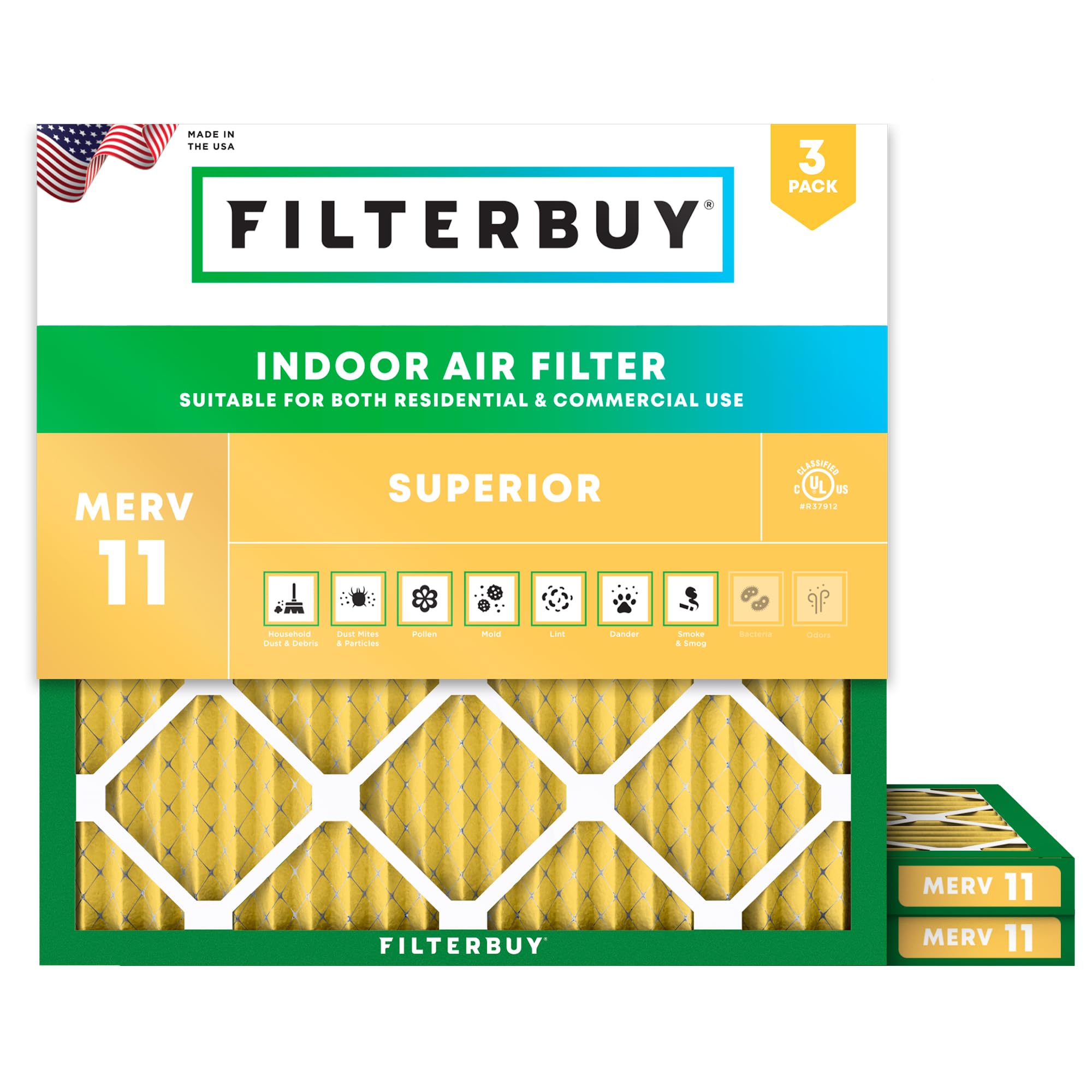 Filterbuy 21x21x1 Air Filter MERV 11 Allergen Defense (3-Pack), Pleated HVAC AC Furnace Air Filters Replacement (Actual Size: 20.88 x 20.88 x 0.75 Inches)