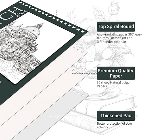 Miniatura 4 de OSIMIG Paquete de 5 cuadernos de bocetos de 8.5 x 11 pulgadas, bloc de bocetos encuadernado en espiral superior, 150 hojas en total (68 libras100