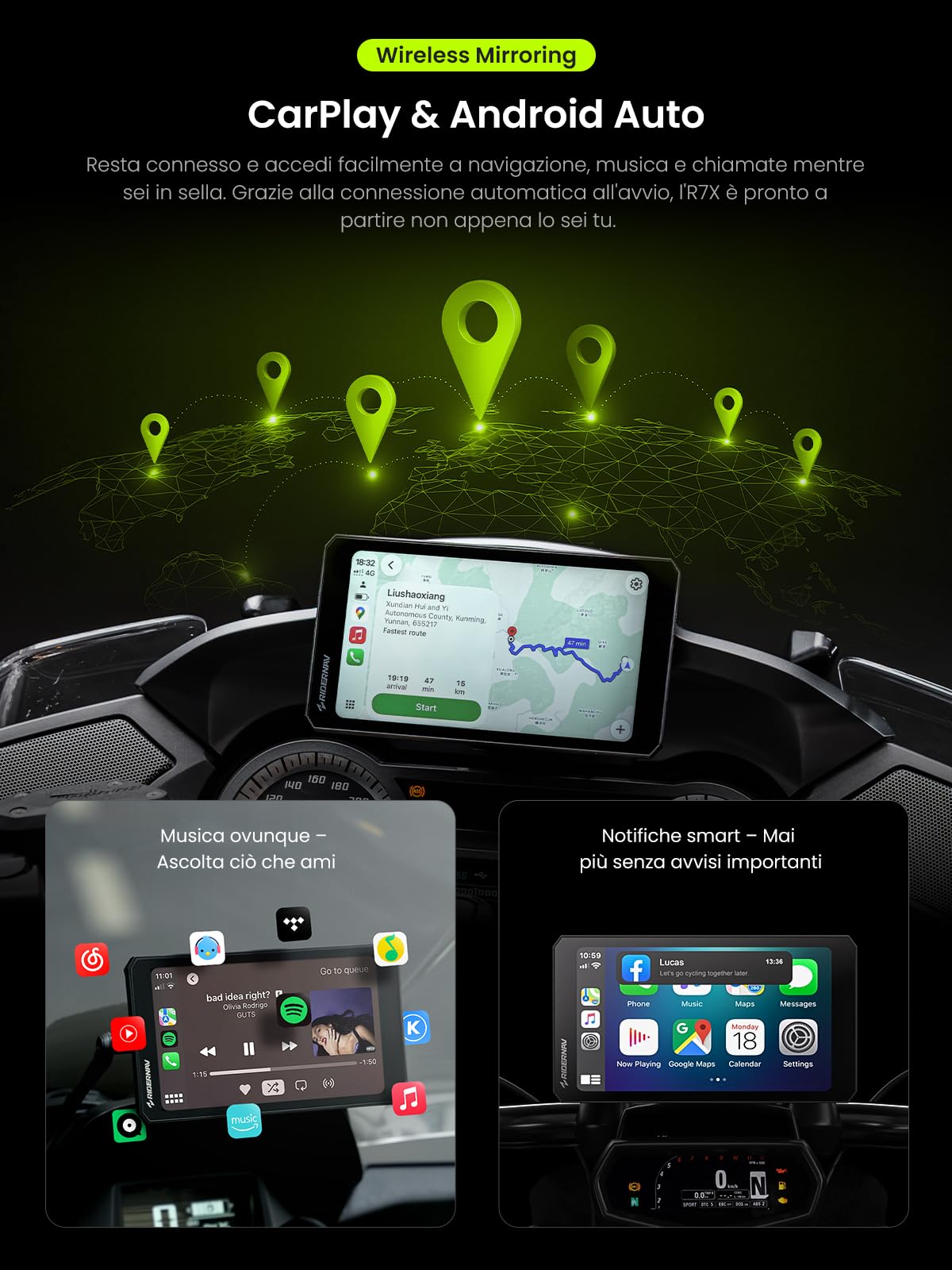 R7X Schermo Wireless per Moto con Apple CarPlay e Android Auto, Supporto a Sgancio Rapido, Display da 7" 1200 Nit 60fps, Impermeabile IP69K, Controllo Action Cam, Misura Universale