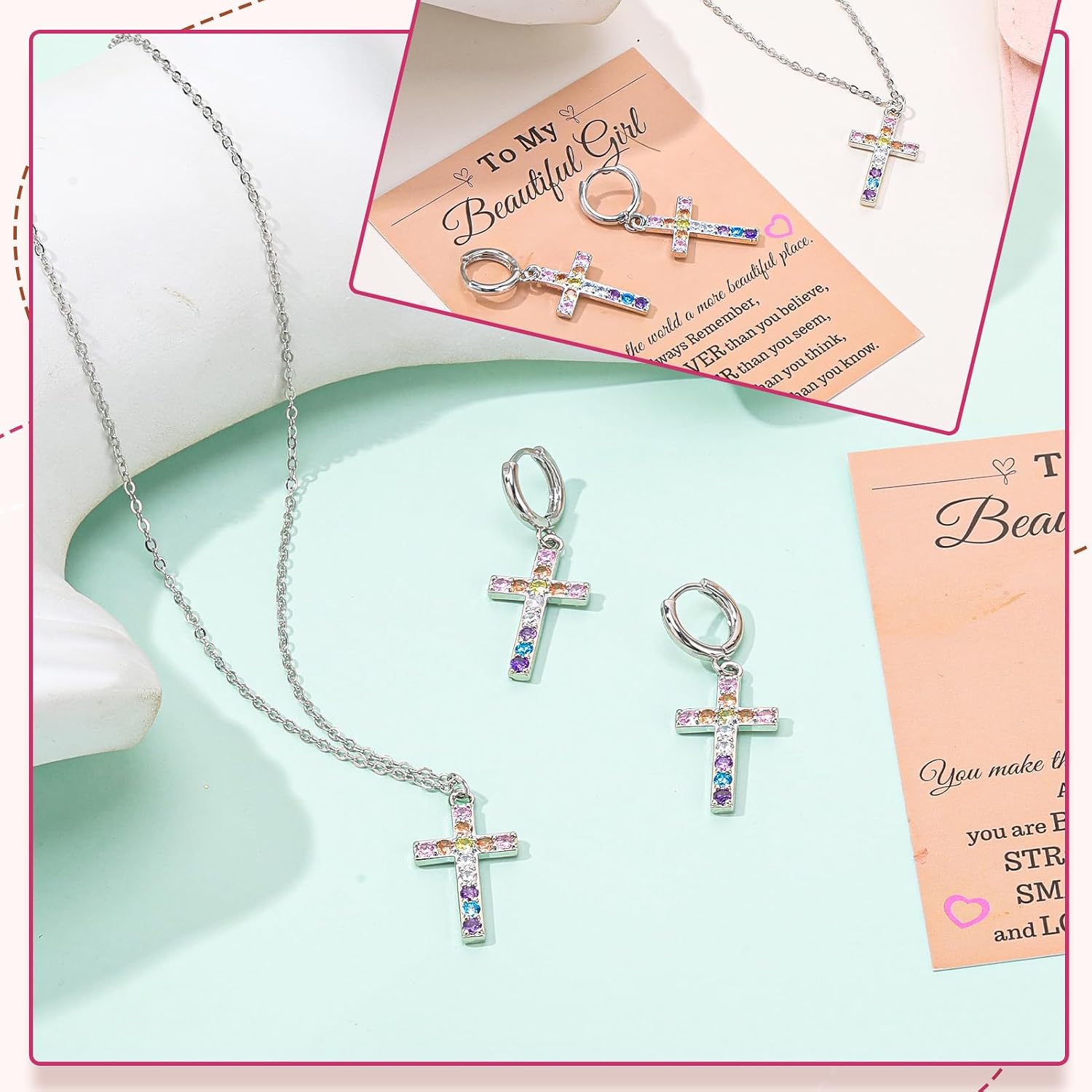 JATEBI Cross Necklace for Girls, Adjustable Cross Pendant Necklaces with Earring Velvet Bag, Christian Back to School Gifts