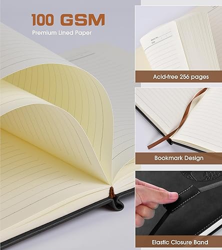 Miniatura 4 de Cuaderno rayado para mujeres y hombres, 256 páginas, tamaño A4, grande, de tapa dura, de cuero, para escribir, viajes, negocios, trabajo, escuela,